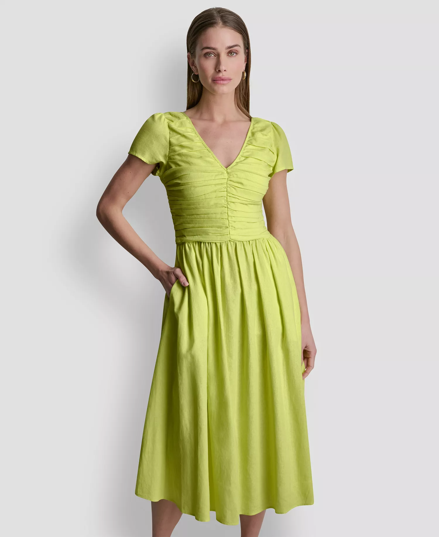 Women's V-Neck Puff-Sleeve Dress - Limeade - L