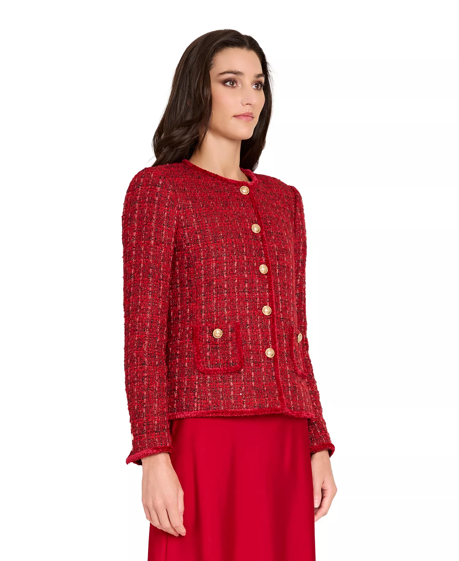 Petite Long-Sleeve Boucle Jacket - Red Multi - 10P