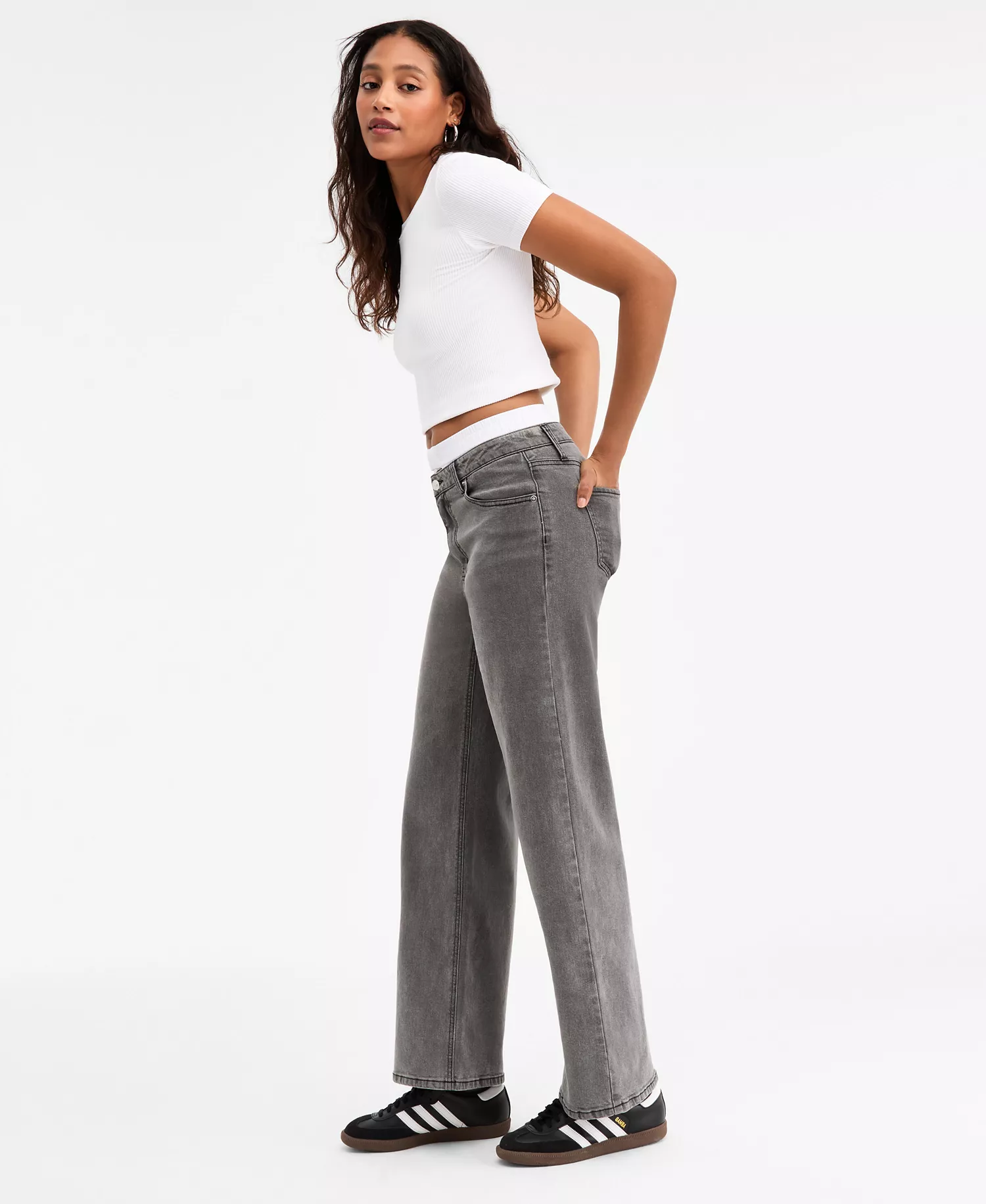 Women's Contrast-Waist Wide-Leg Jeans, Macy's Exclusive - Gray Wash - 0