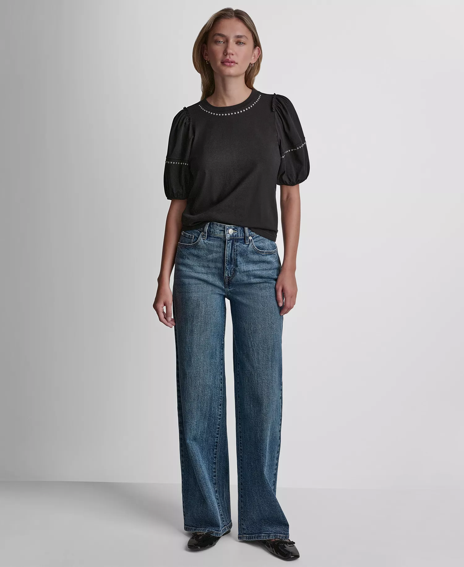 Women's Dome Studs Mini Sleeve T-Shirt - Black/shiny Silver - L