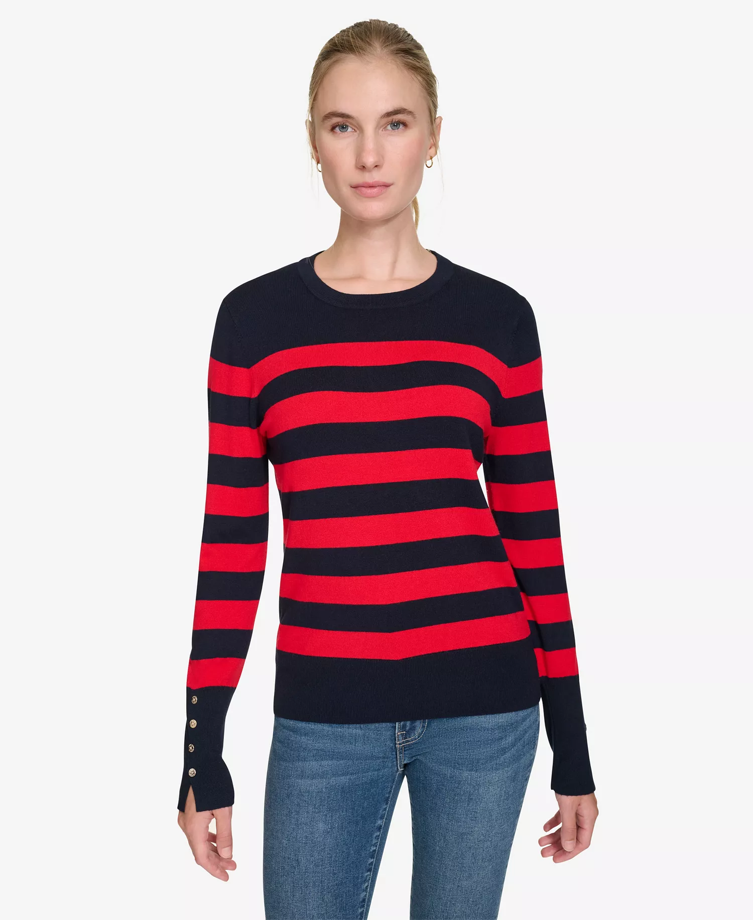 Nautica Women's Crewneck Stripe Sweater with Button Sleeve - Nigh Sky/Regatta Red - XL