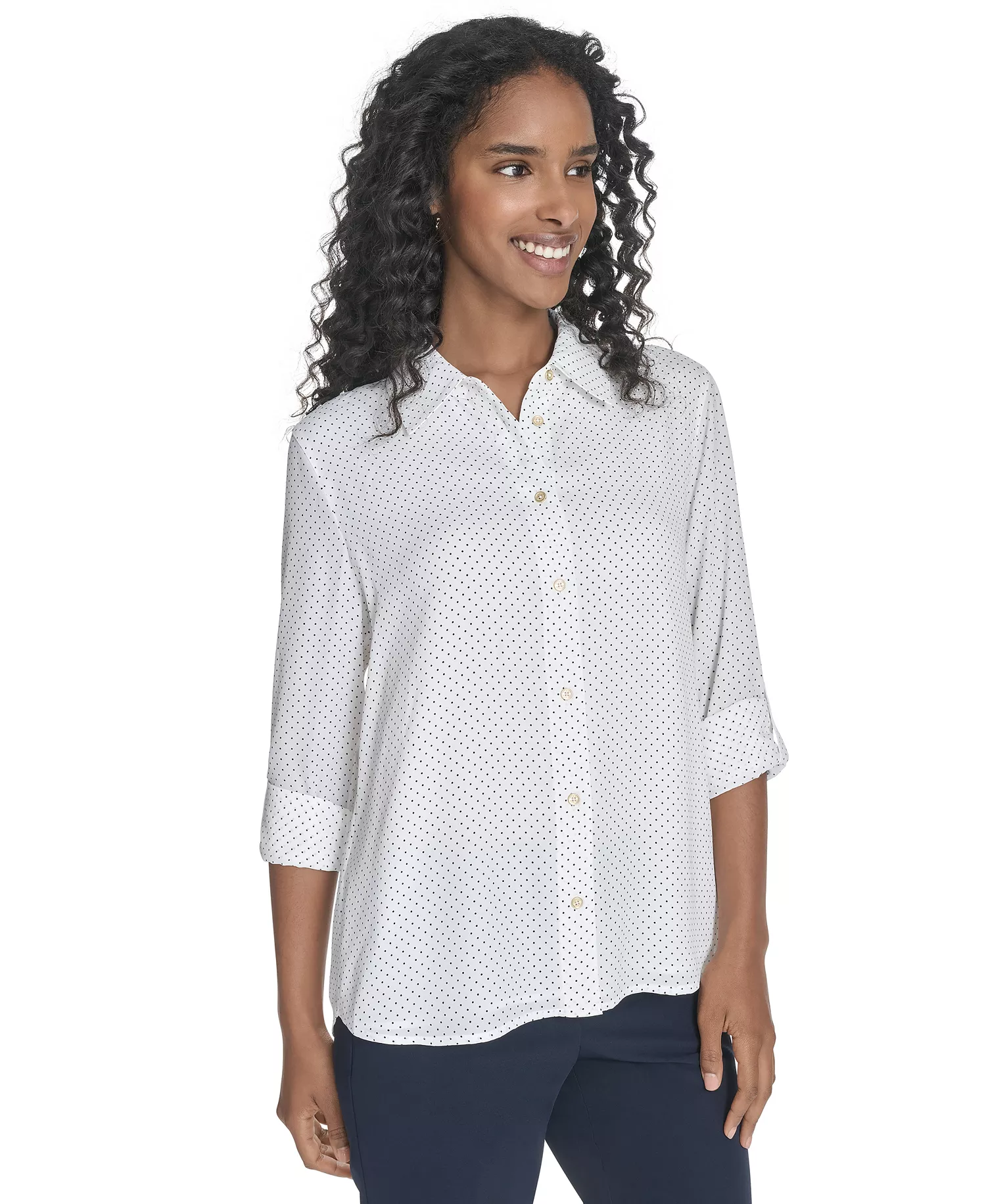 Women's Slim-Fit Pin-Dot Roll-Tab-Sleeve Shirt - Ivory/ Midnight - L