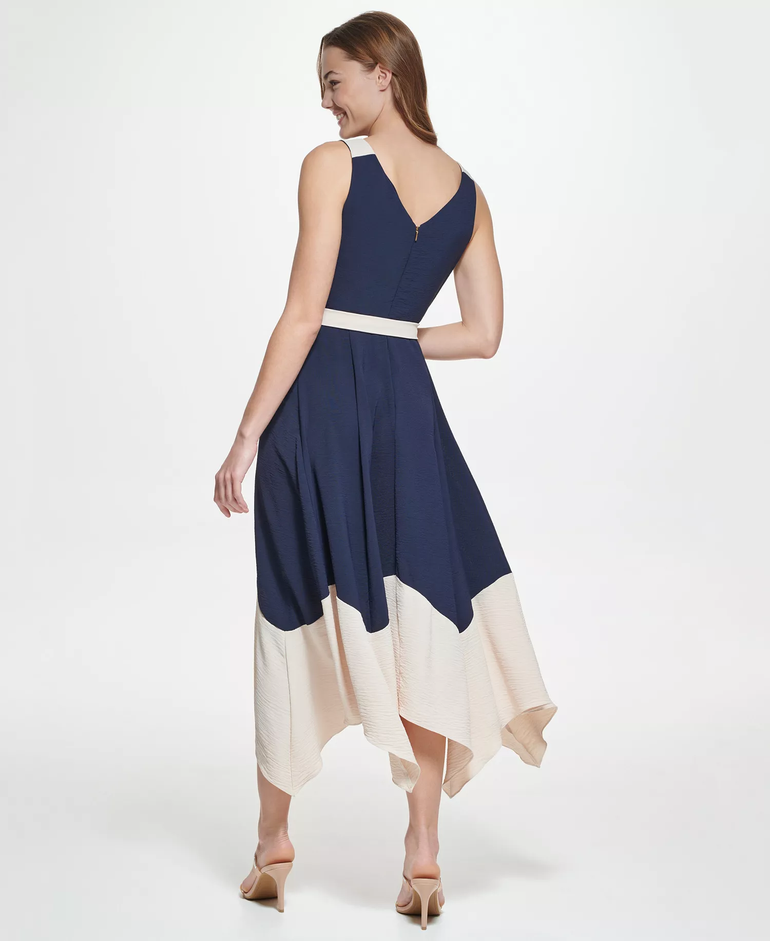 Women's Sleeveless Asymmetrical Midi Dress - Navy/Beige - 10