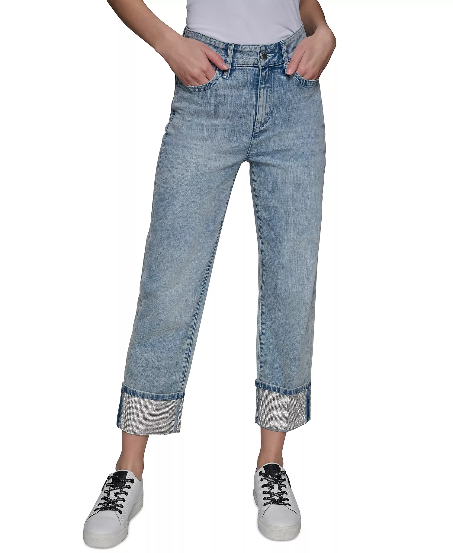 Petite Crystal-Cuff Cropped Jeans - Ice Blue - 10P