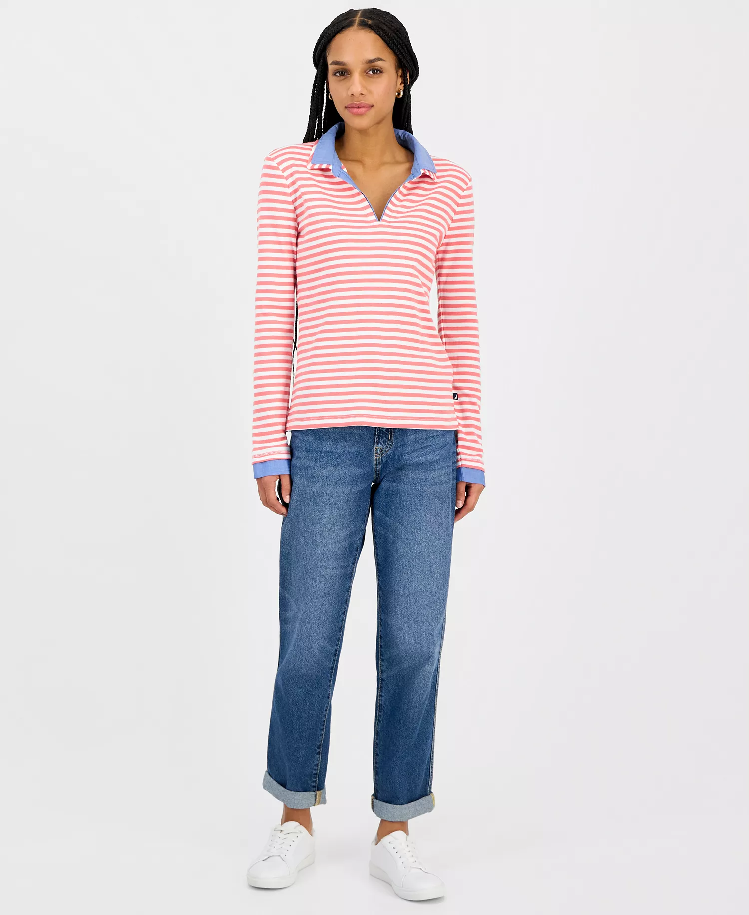 Nautica Women's Striped Double Collar Long Sleeve Cotton Shirt - Coralie Mlt - L