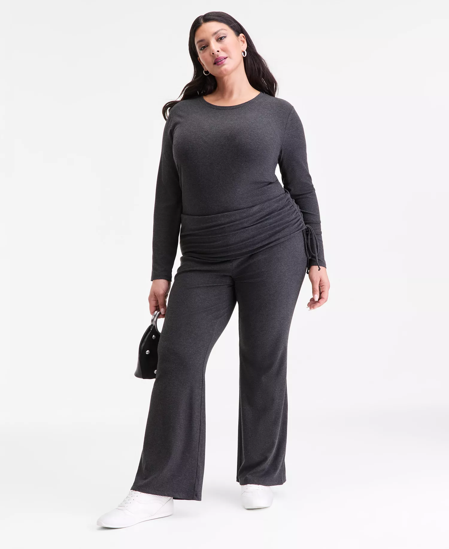 Plus Size Ribbed Foldover Drawstring Pants, Macy's Exclusive - Charcoal Heather - 0X