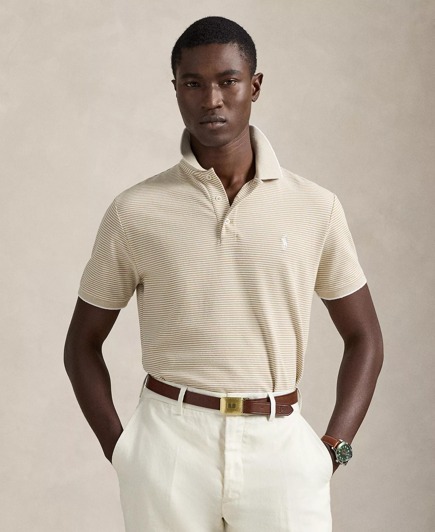 Men's Striped Stretch Mesh Polo Shirt - Classic Khaki - 2XL