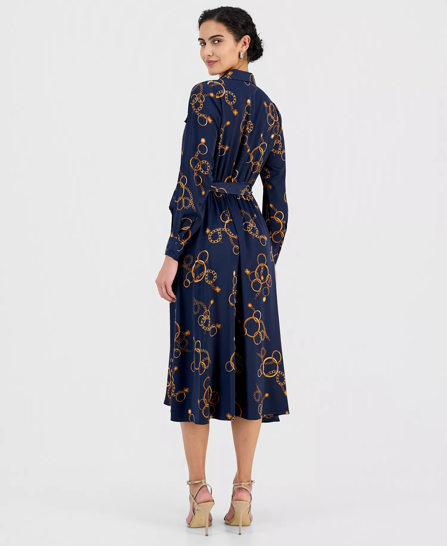 Women's Printed Belted Midi Dress - Golden Bracelet Print - M