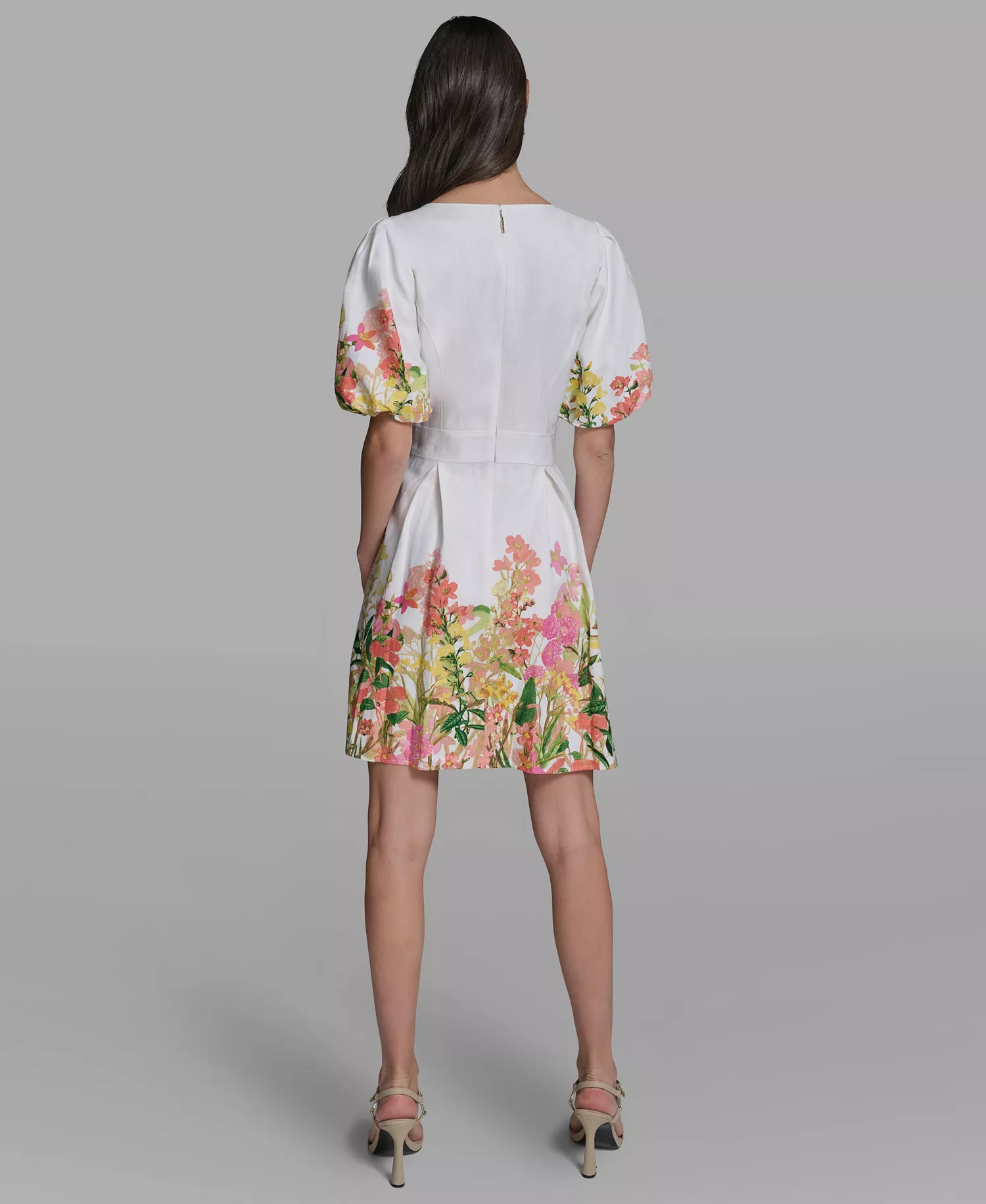 Women's Floral Border Linen Puff-Sleeve Dress - Soft White Multi - 0