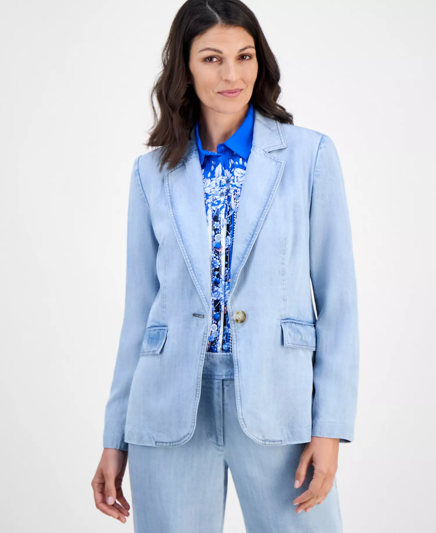 Women's Notch-Collar One-Button Jacket - Light Denim - 10