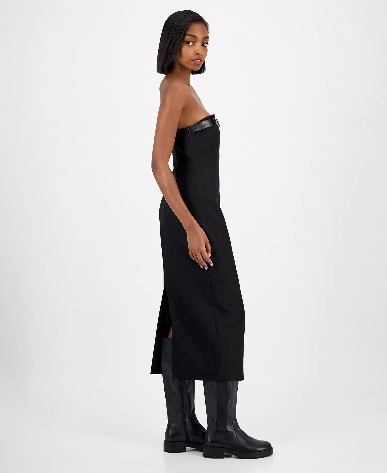 Women's Belted Strapless Midi Dress, Macy's Exclusive - Deep Black - L