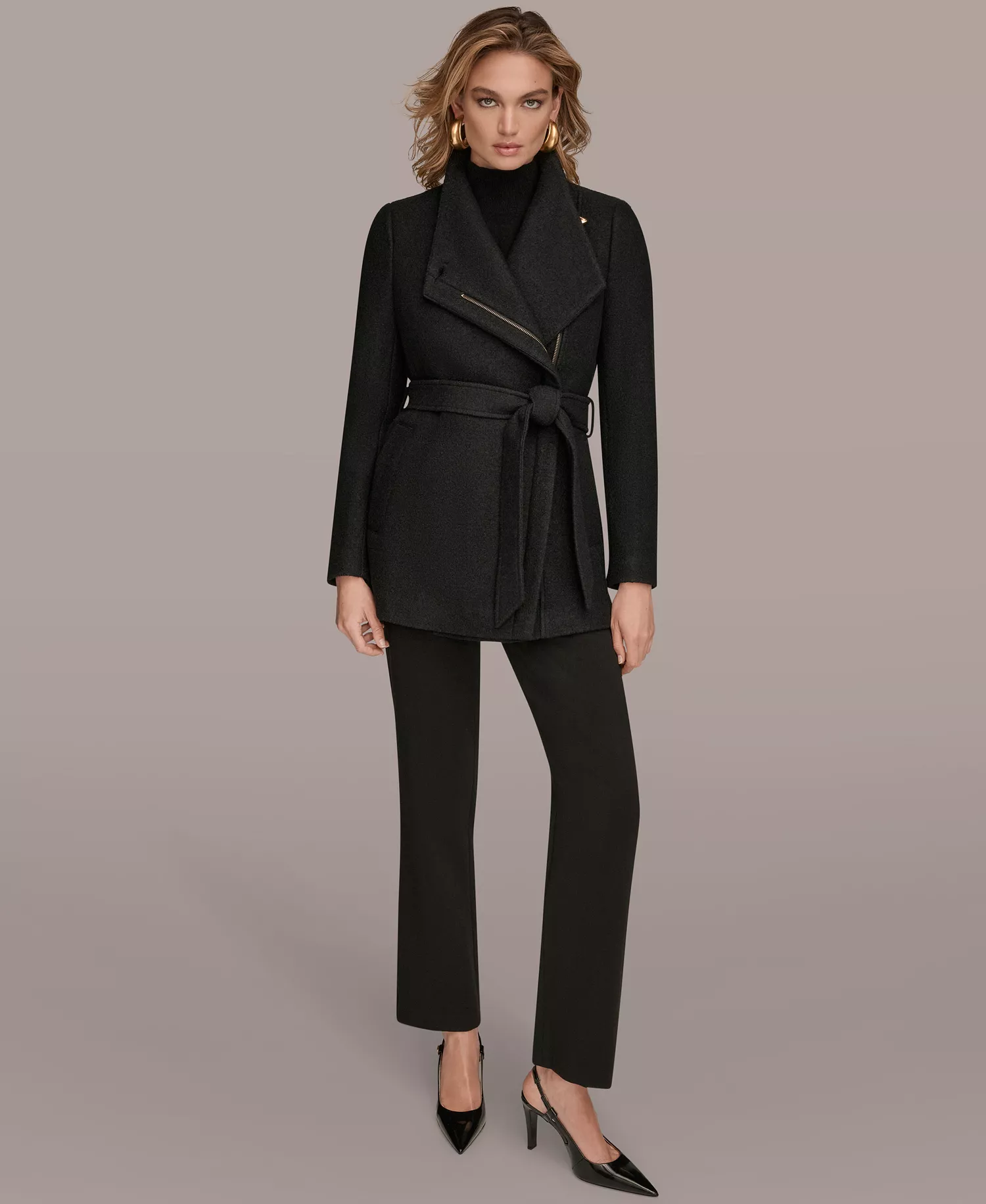 Women's Wing Collar Belted Coat - Black - L