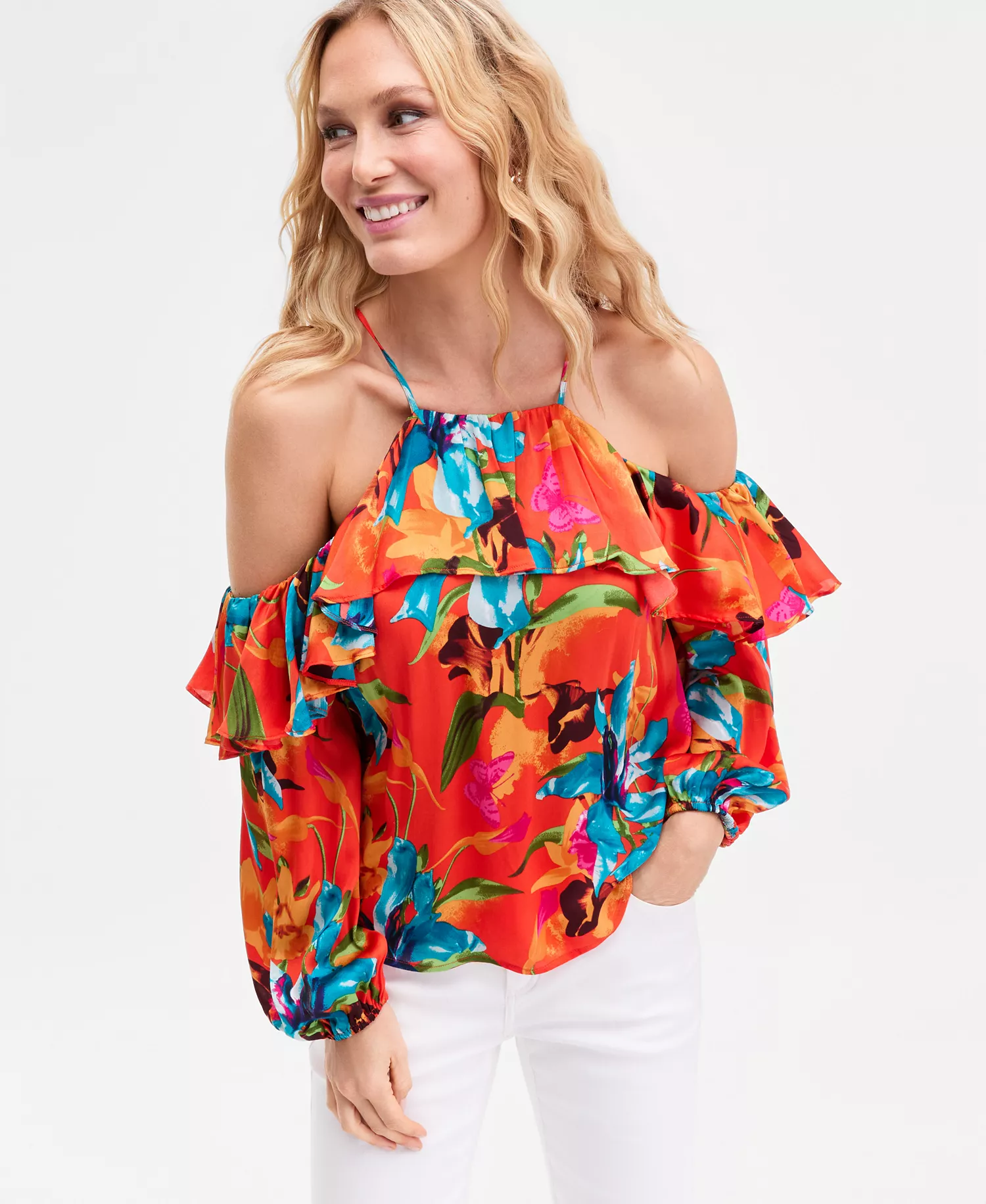 Women's Printed Ruffled Cold-Shoulder Top, Macy's Exclusive  - Calla Bouq Red - L
