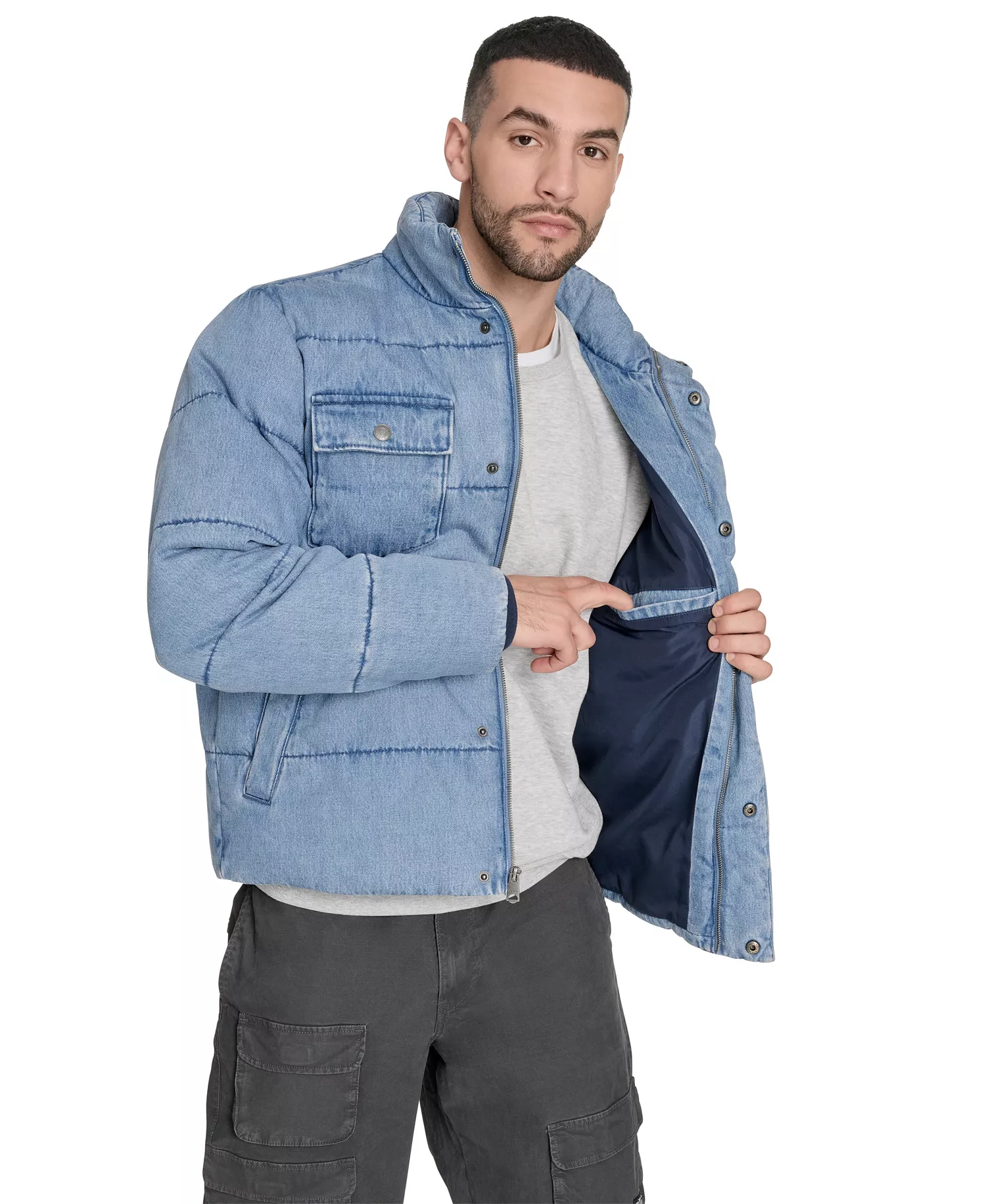Men's Denim Quilted Puffer Jacket - Light Wash Denim - 2XL
