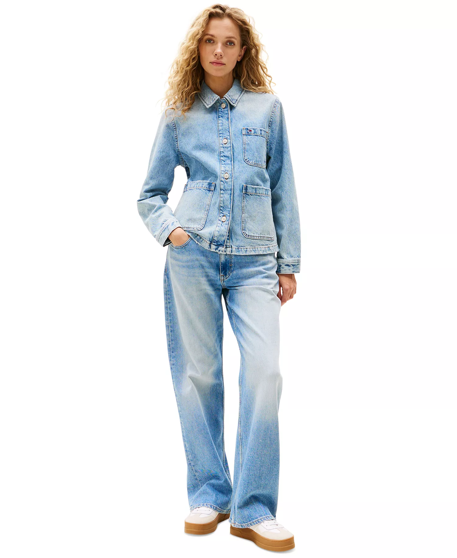 Women's Cotton Faded-Denim Trucker Jacket - Denim Mid Light Blue - XS