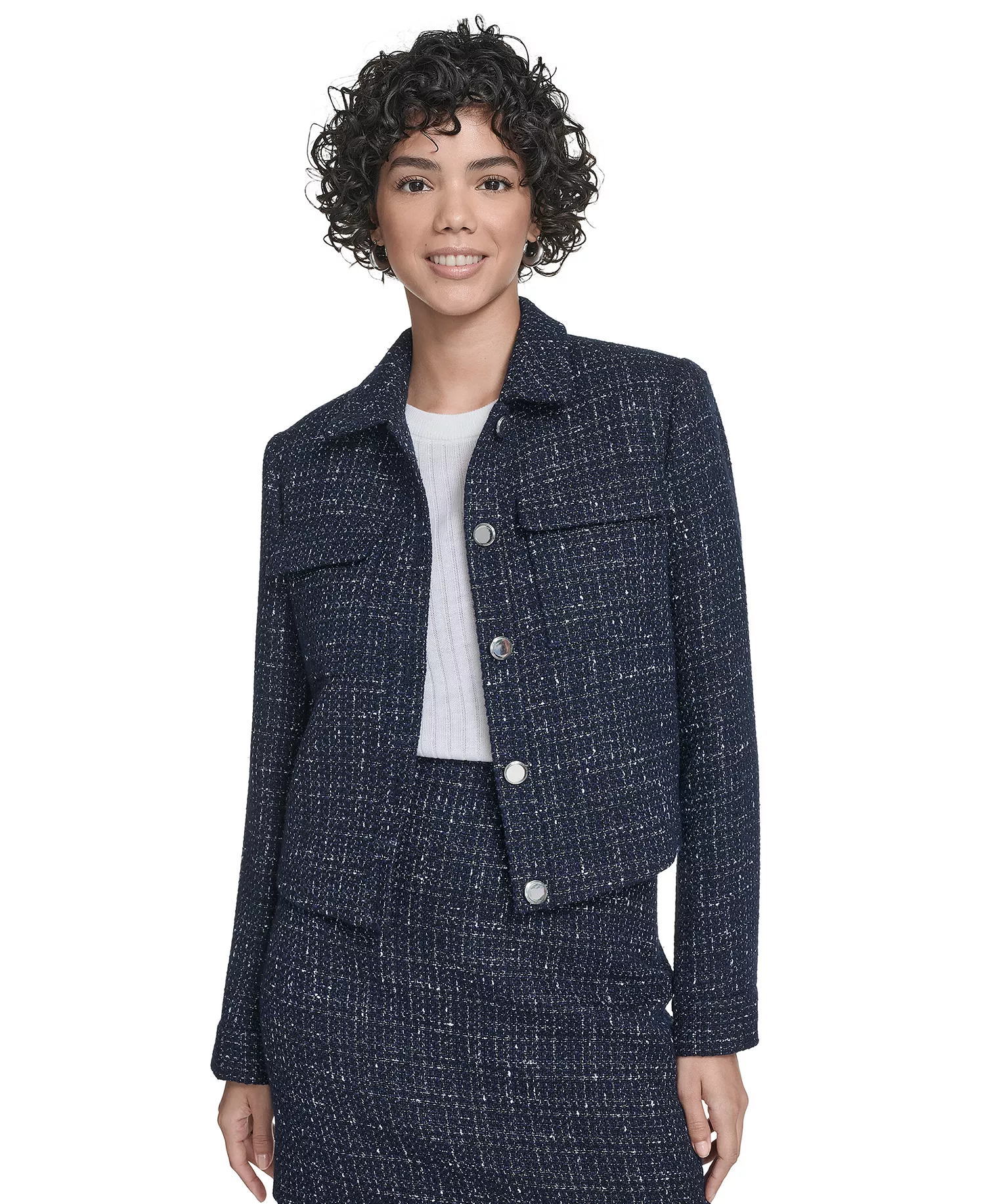 Women's Boucle Cropped Long-Sleeve Jacket - Navy Multi - 16