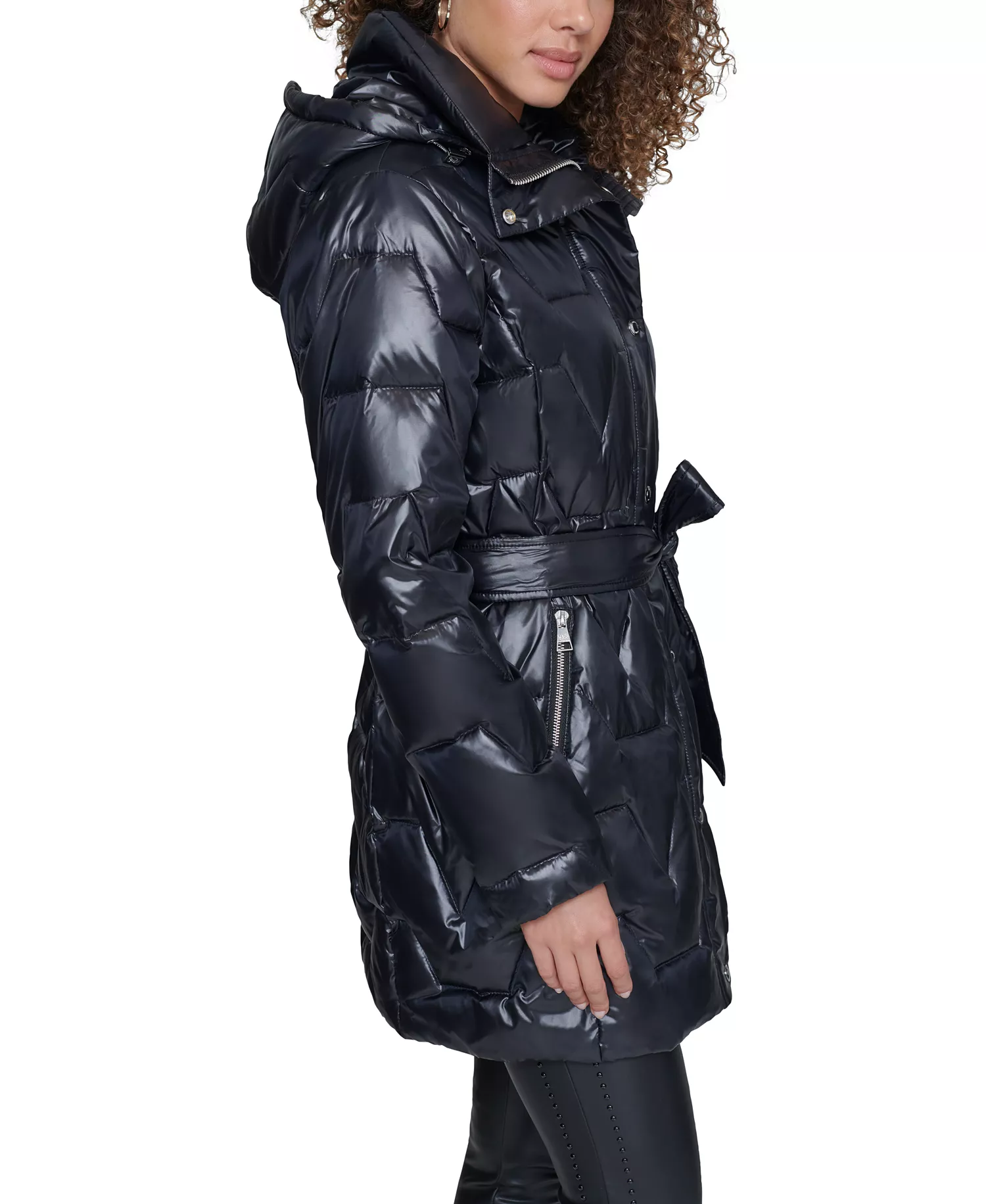 Women's Tie-Waist Hooded Puffer Coat - Black - L