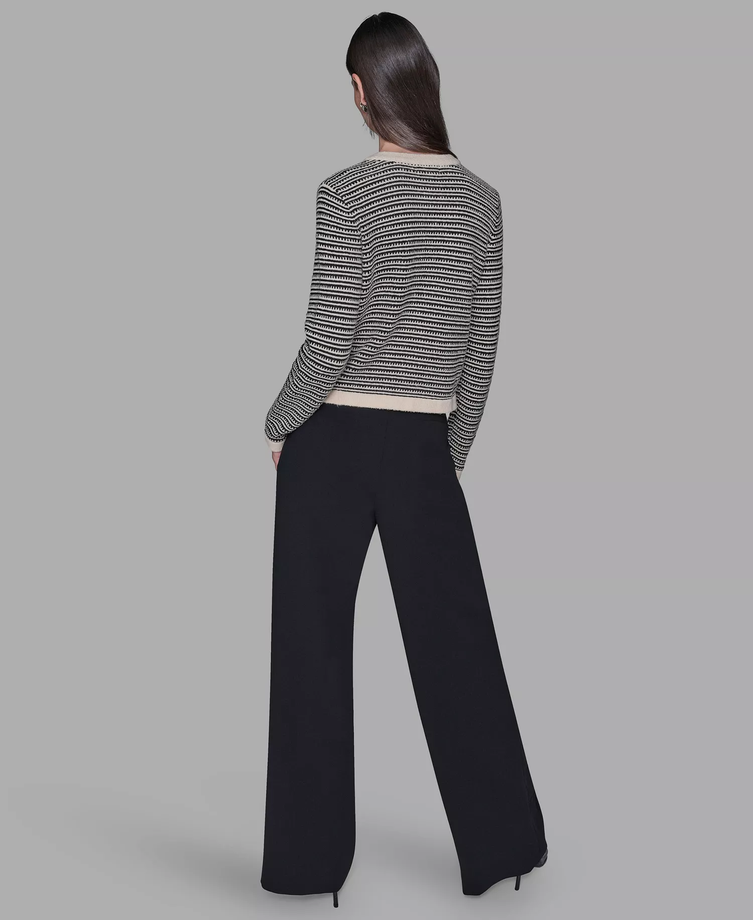 Women's Striped Crewneck Cardigan Sweater - Birch/black Lurex - L