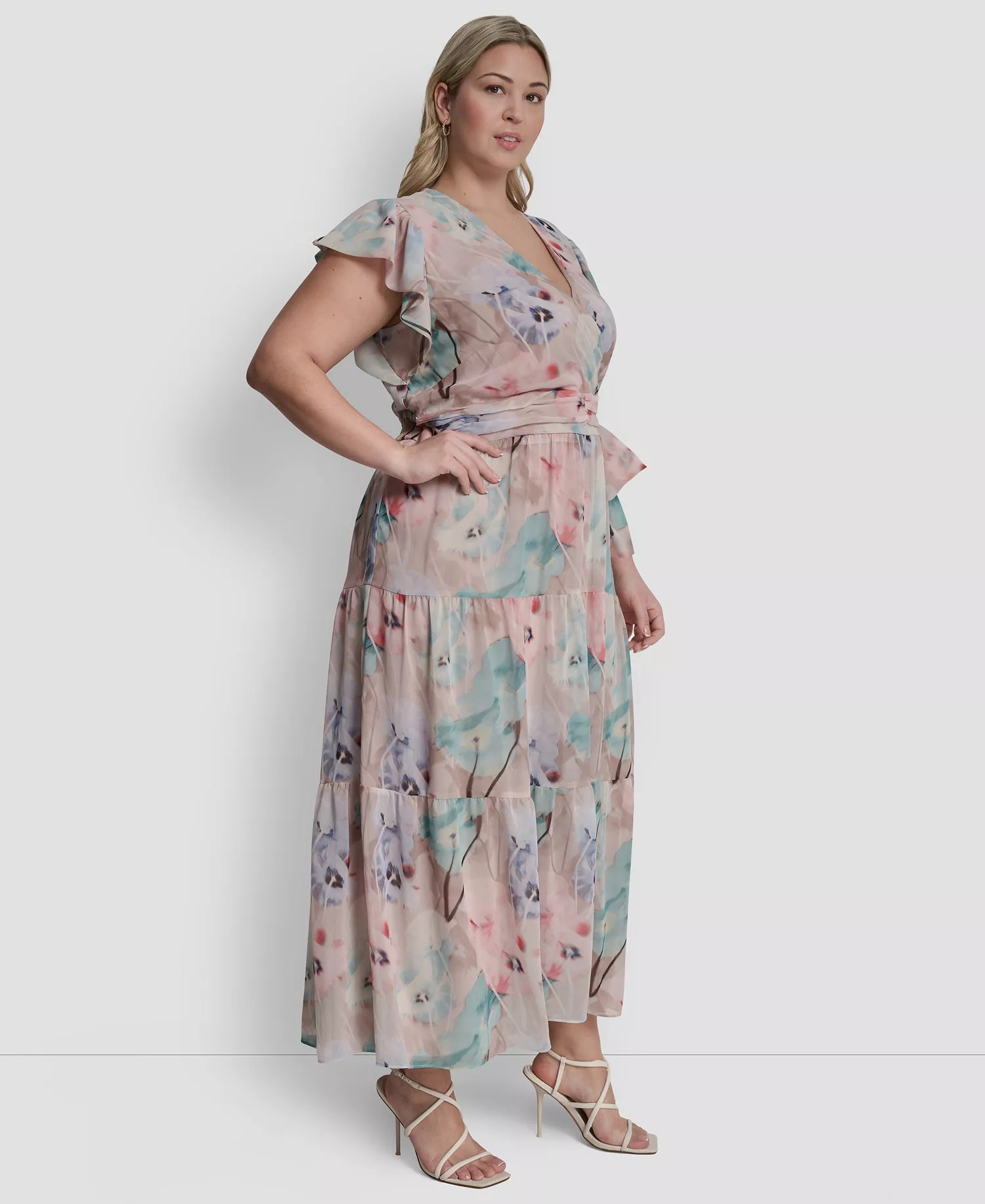 Plus Size Ruffle Short-Sleeve V-Neck Tie Waist Maxi Dress - Moonlight Multi - 14W
