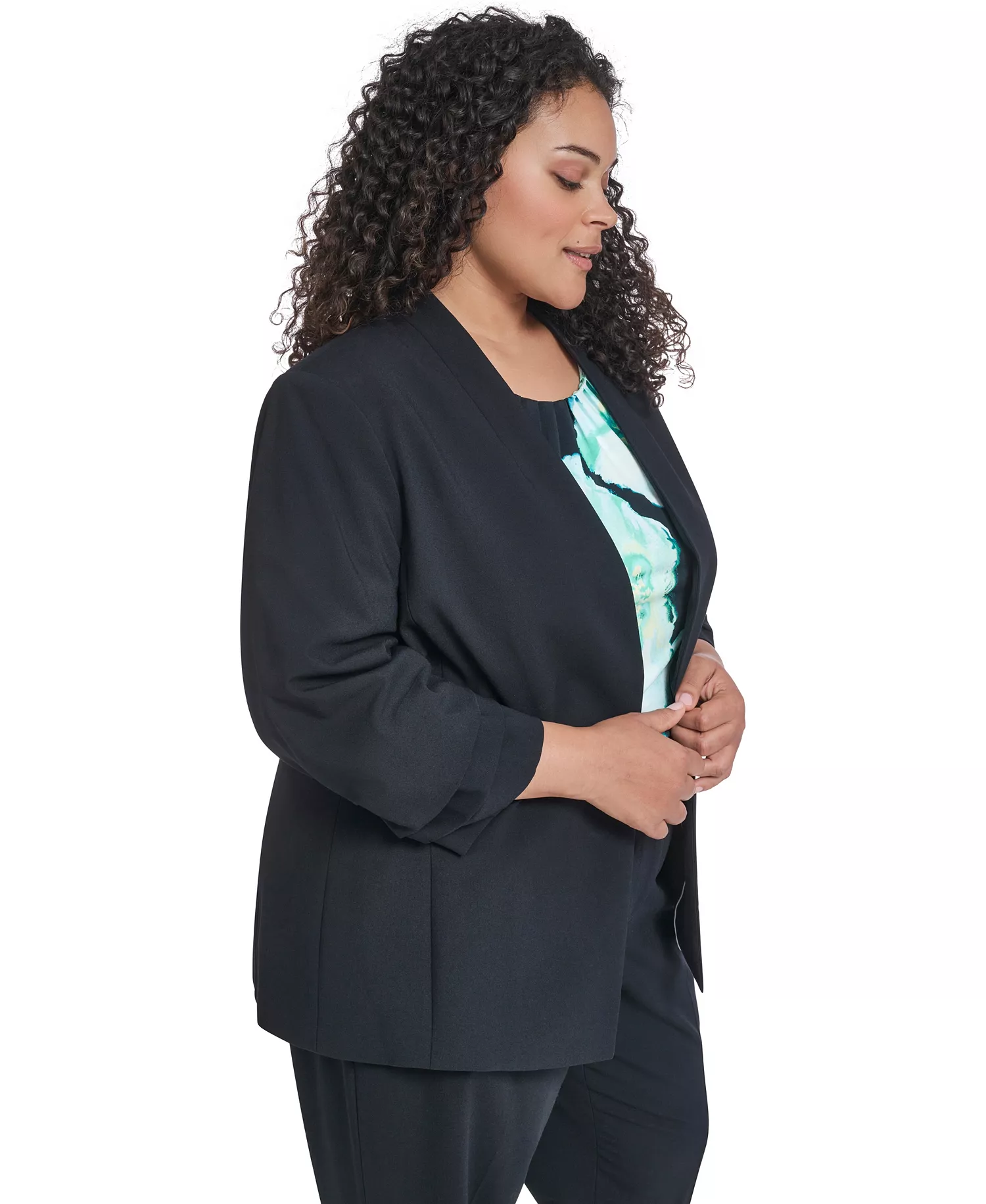 Plus Size Collarless One Button Jacket - Navy - 14W