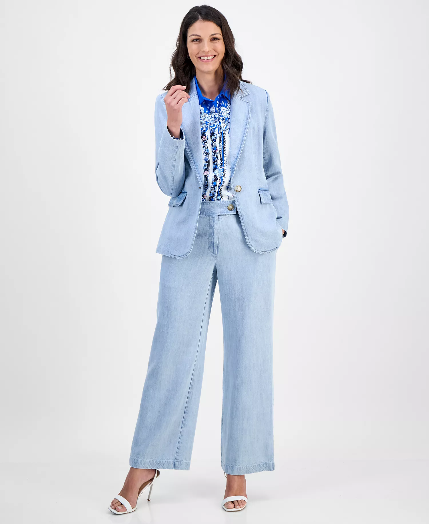 Women's Notch-Collar One-Button Jacket - Light Denim - 10