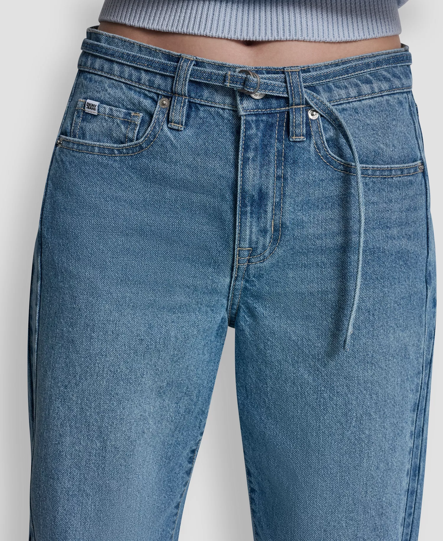 Women's Mid-Rise Forward Seamed Barrel Jeans With Self Belt - Waterford - 24