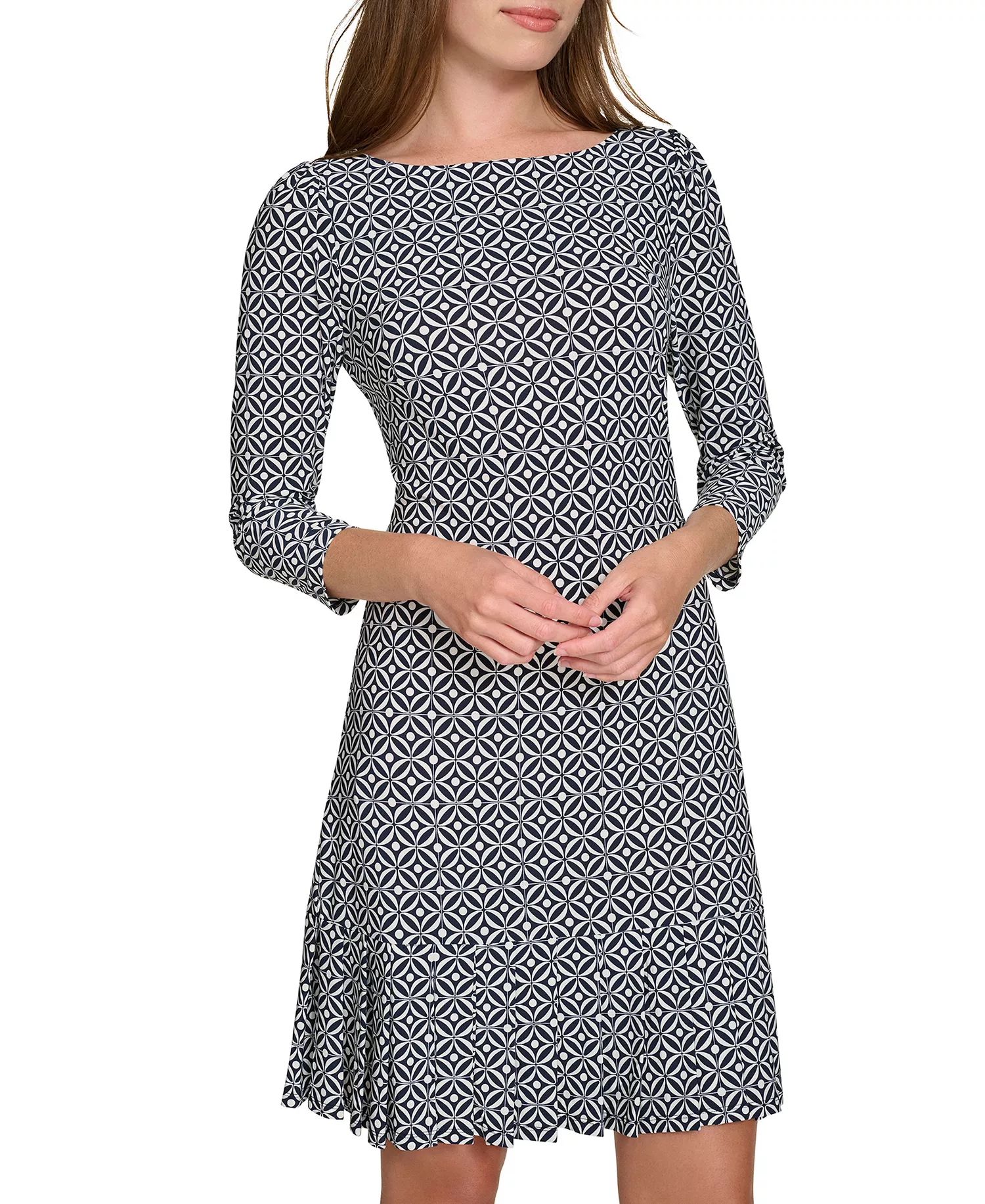 Women's Printed Pleated-Hem Shift Dress - Sky Captain/Cream - 10