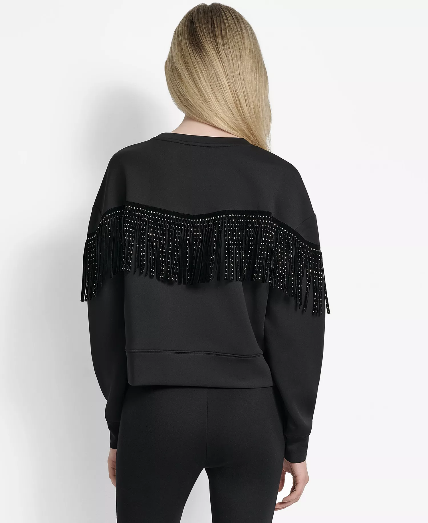 Women's Long Sleeve Studded Fringe Pullover  - Black - M