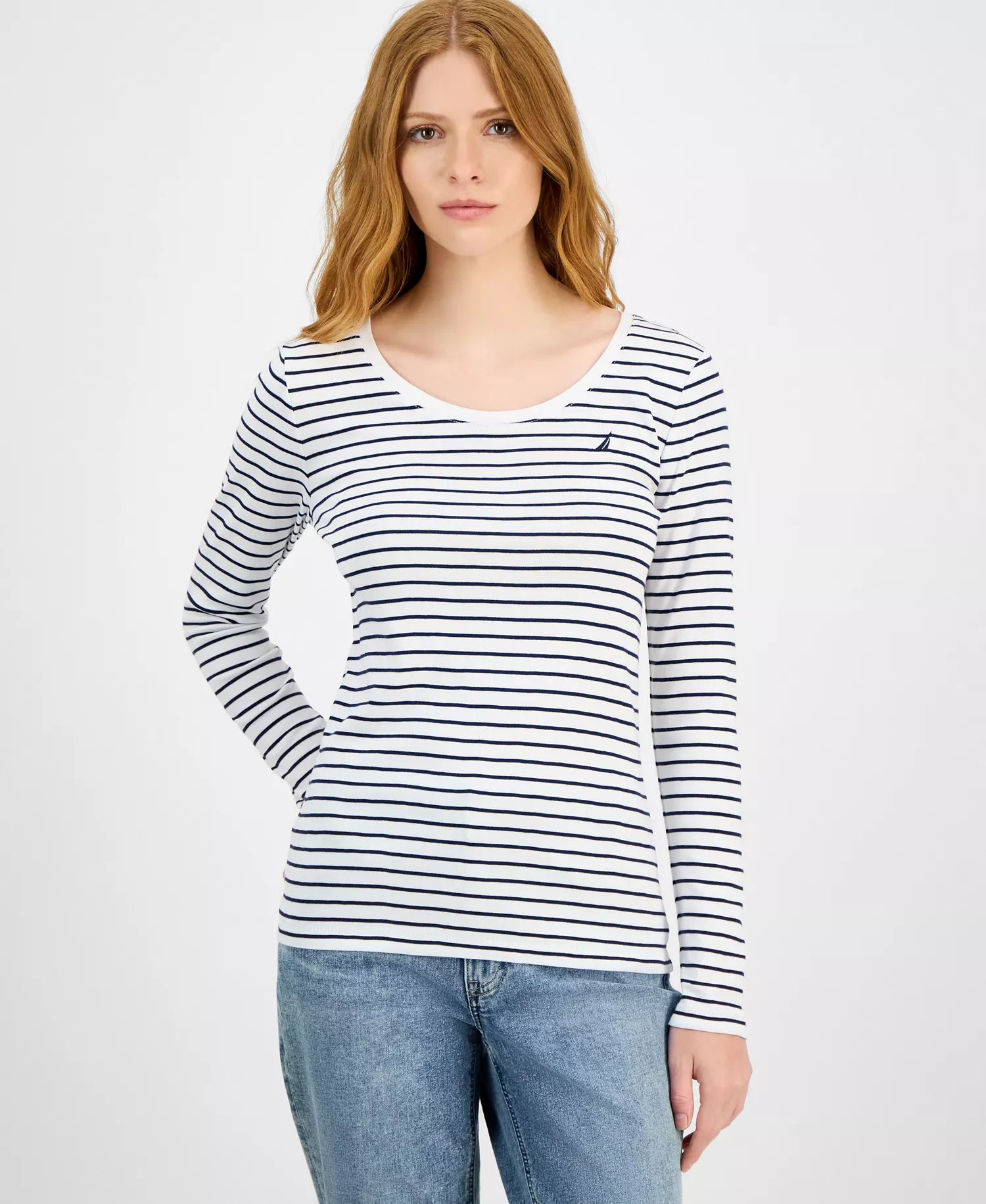 Jeans Women's Cotton Striped Scoop-Neck T-Shirt - Bright White/ Night Sky - L