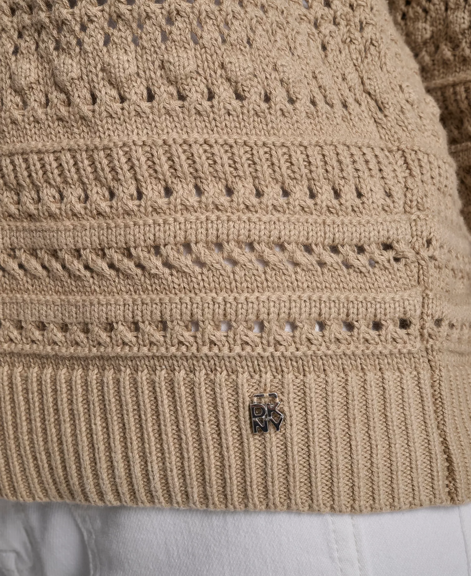 Women's Crew Neck Long-Sleeve Tipped Pointelle Sweater - Travertine/peach Spritz - L