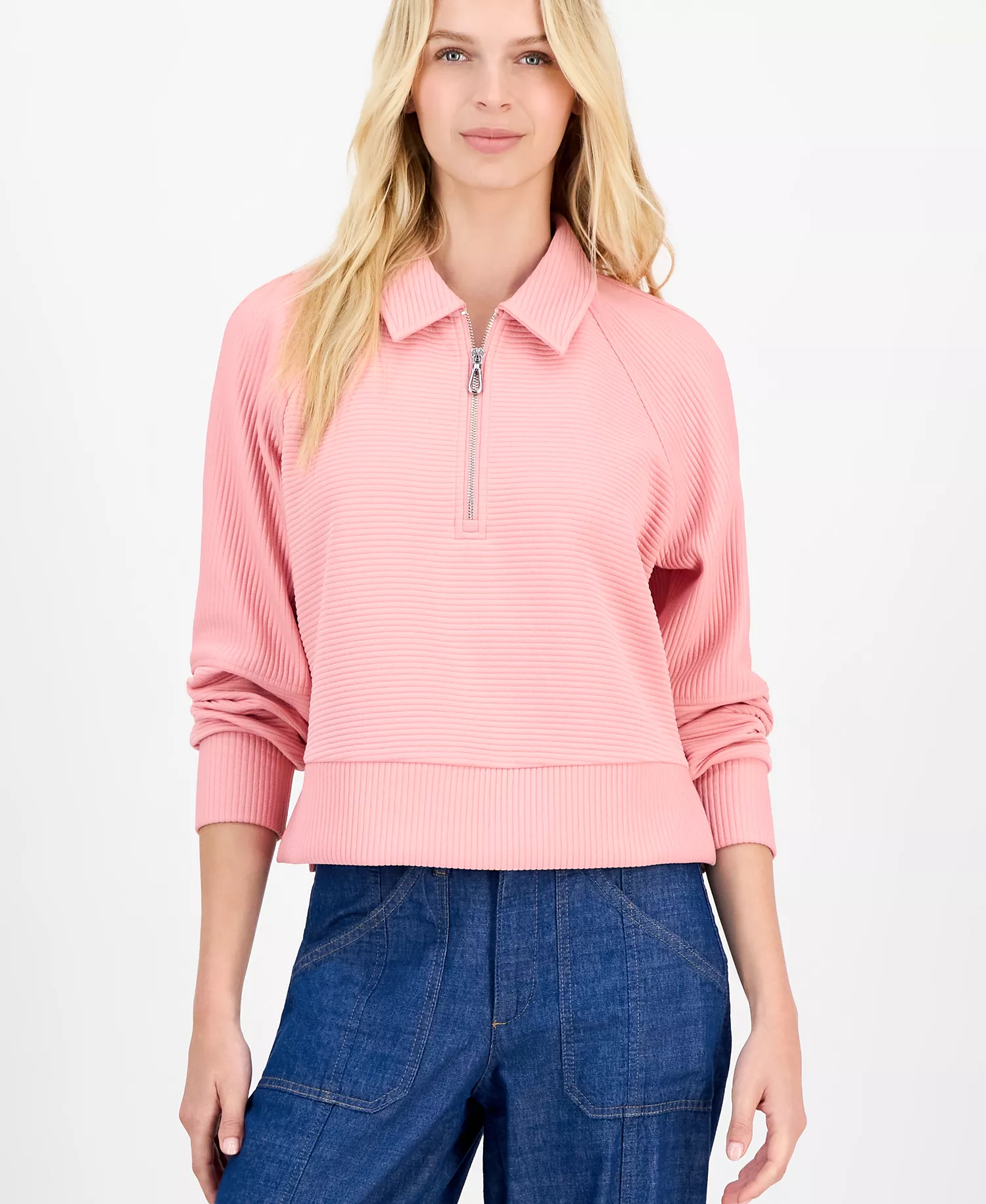 Nautica Women's Quarter Zip Ottoman Sweatshirt - Bridal Rose - L
