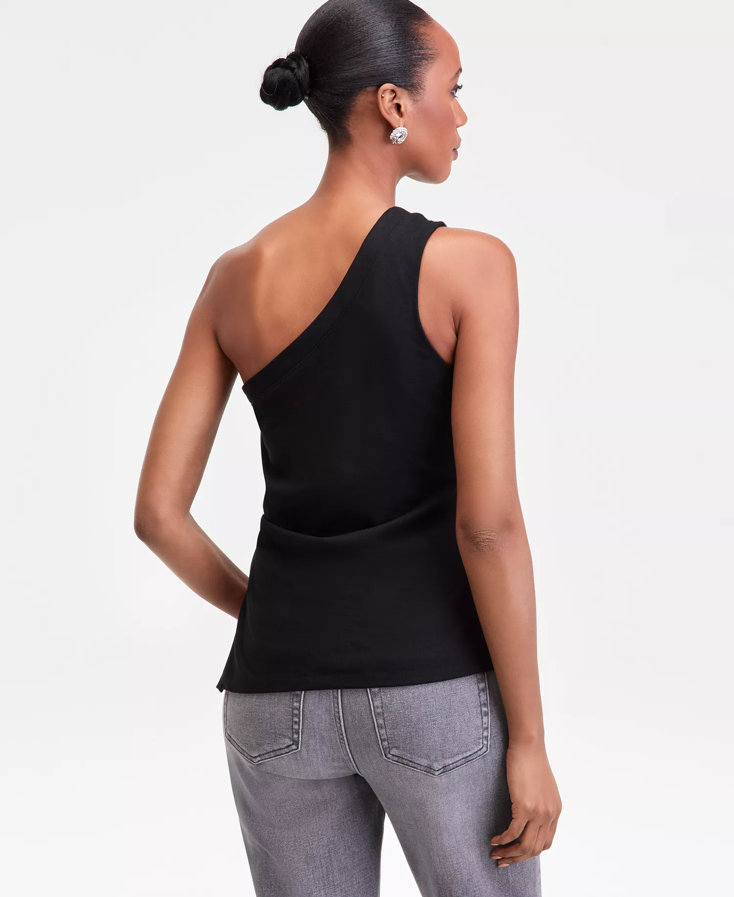 Petite Cotton One-Shoulder Asymmetric Tank Top, Macy's Exclusive - Deep Black - P/M