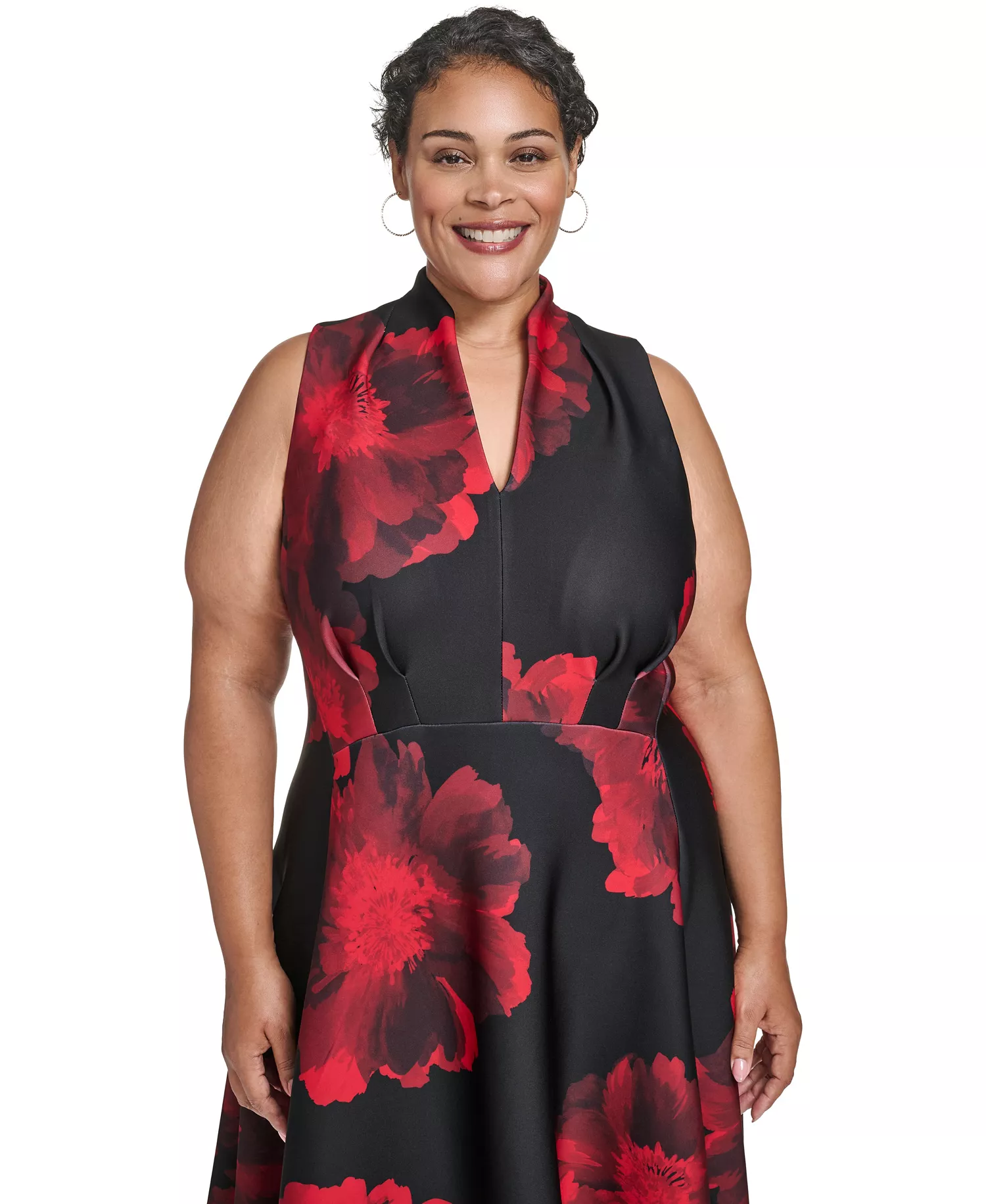 Petite Floral Fit and Flare Dress - Black/red Multi - 0P