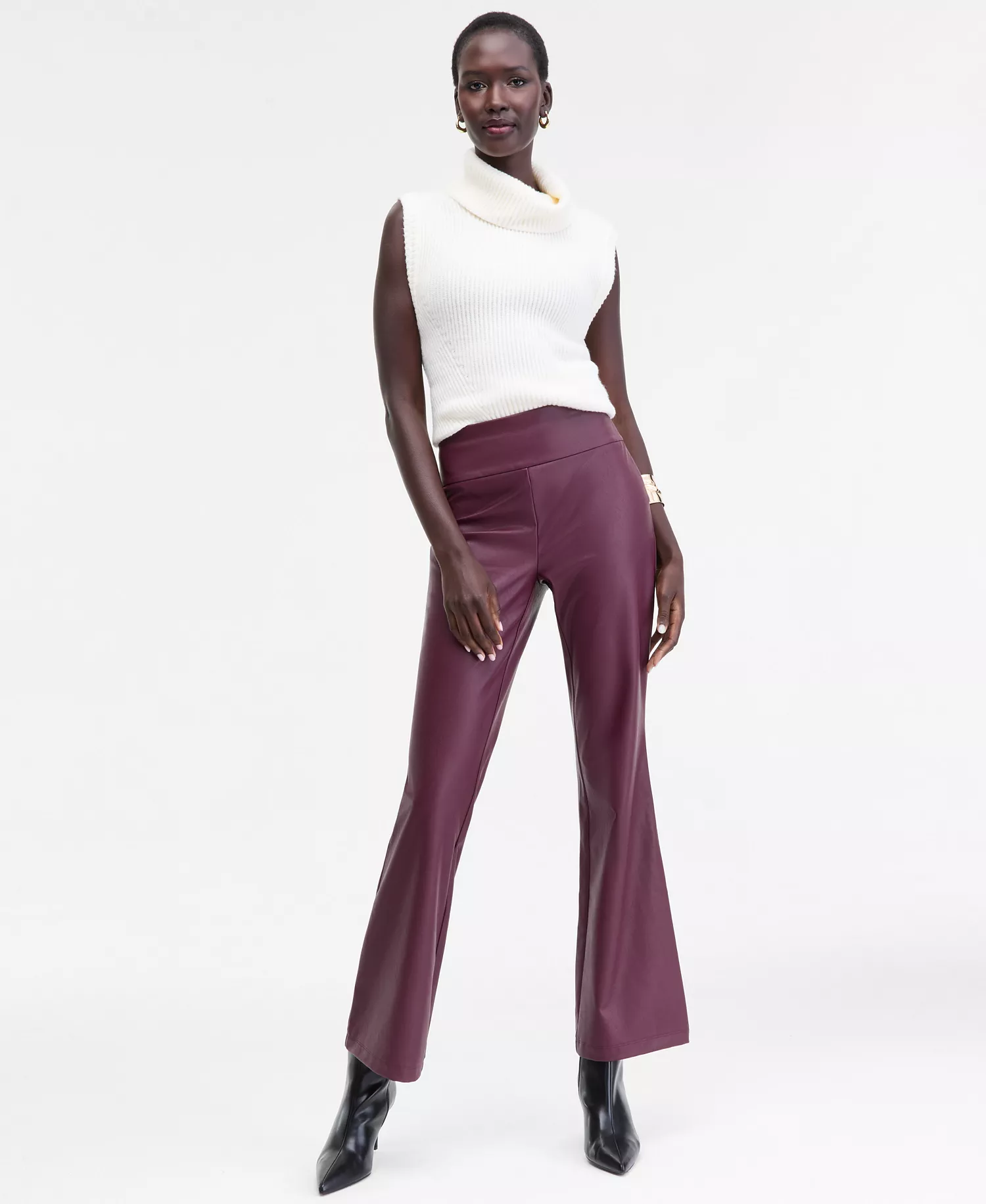 Women's Faux-Leather High-Rise Flared Pants, Macy's Exclusive - Mulberry Jam - L