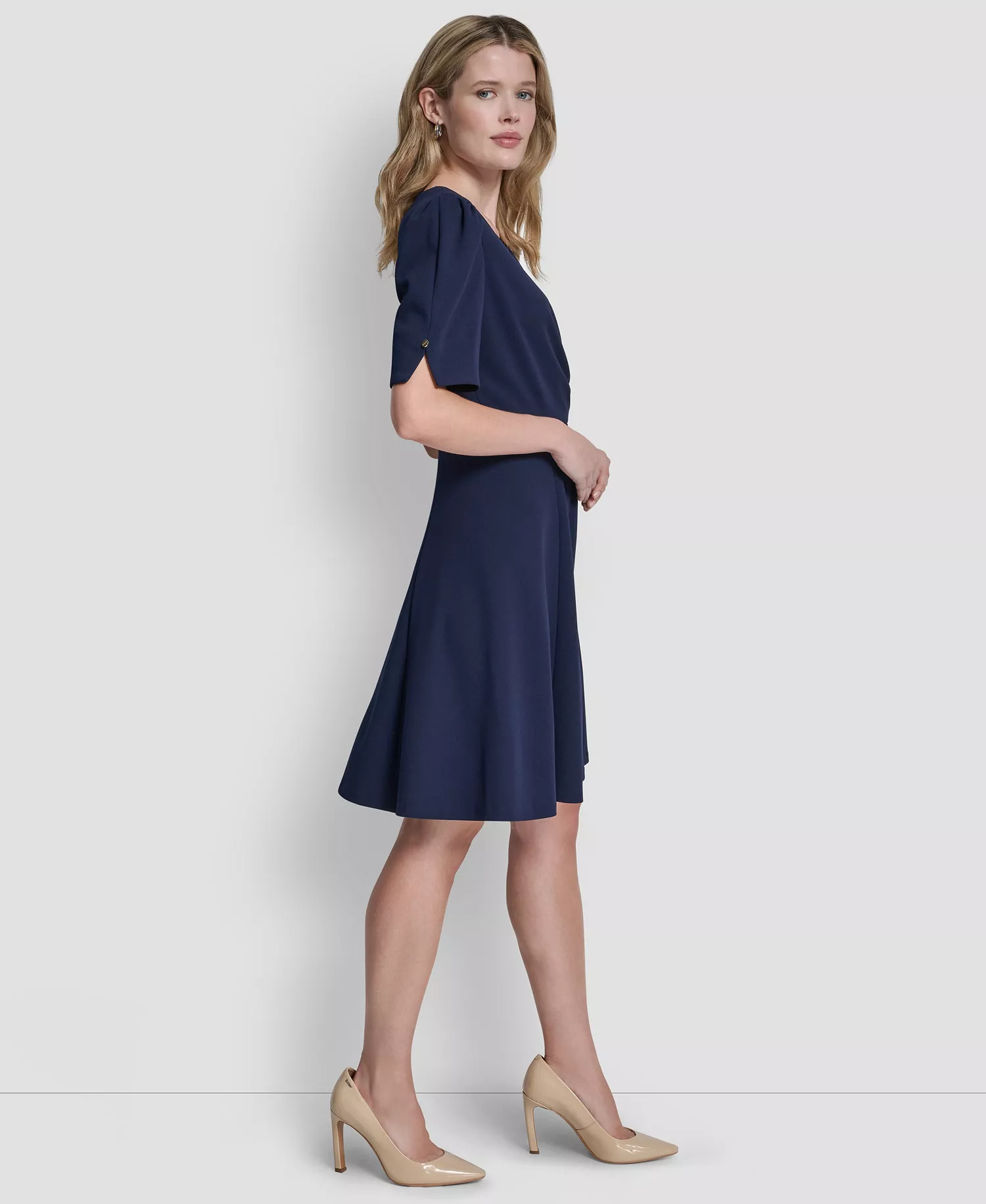 Women's Short-Sleeve V-Neck Fit and Flare Scuba Crepe Dress - Spring Navy - 10