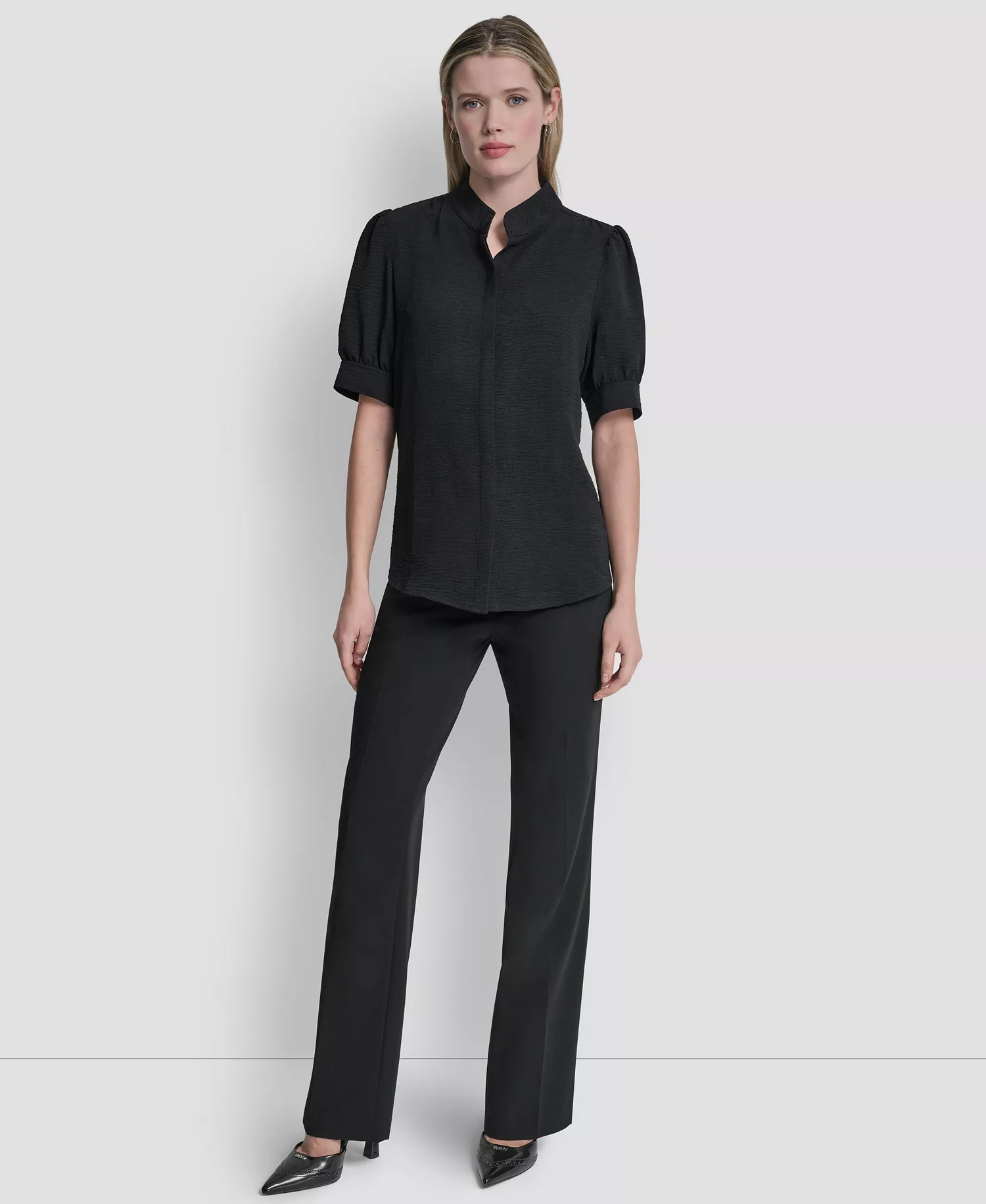 Women's Mandarin Collar Textured Woven Blouse - Black - L