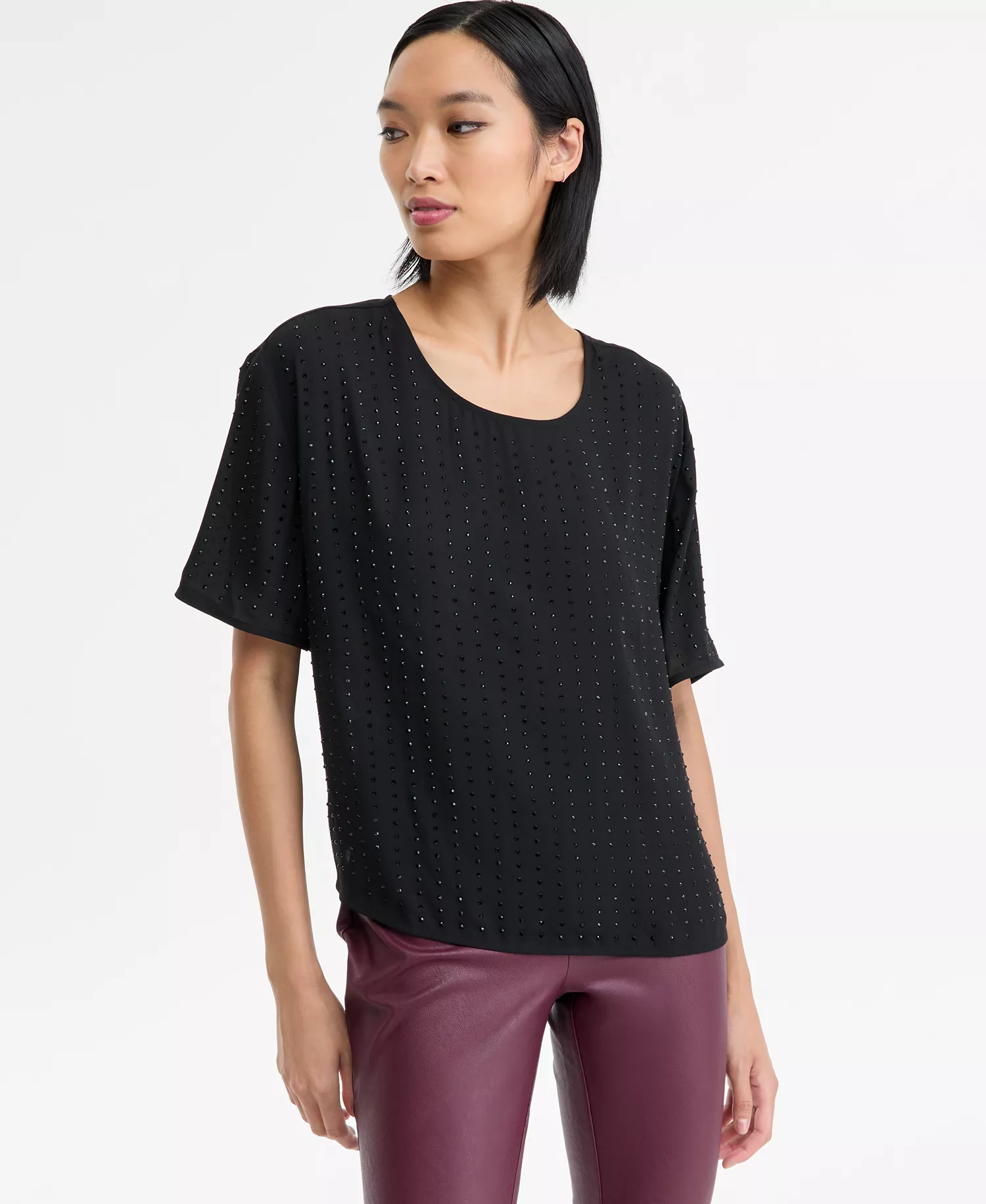 Women's Embellished Short-Sleeve Top, Macy's Exclusive - Deep Black - L