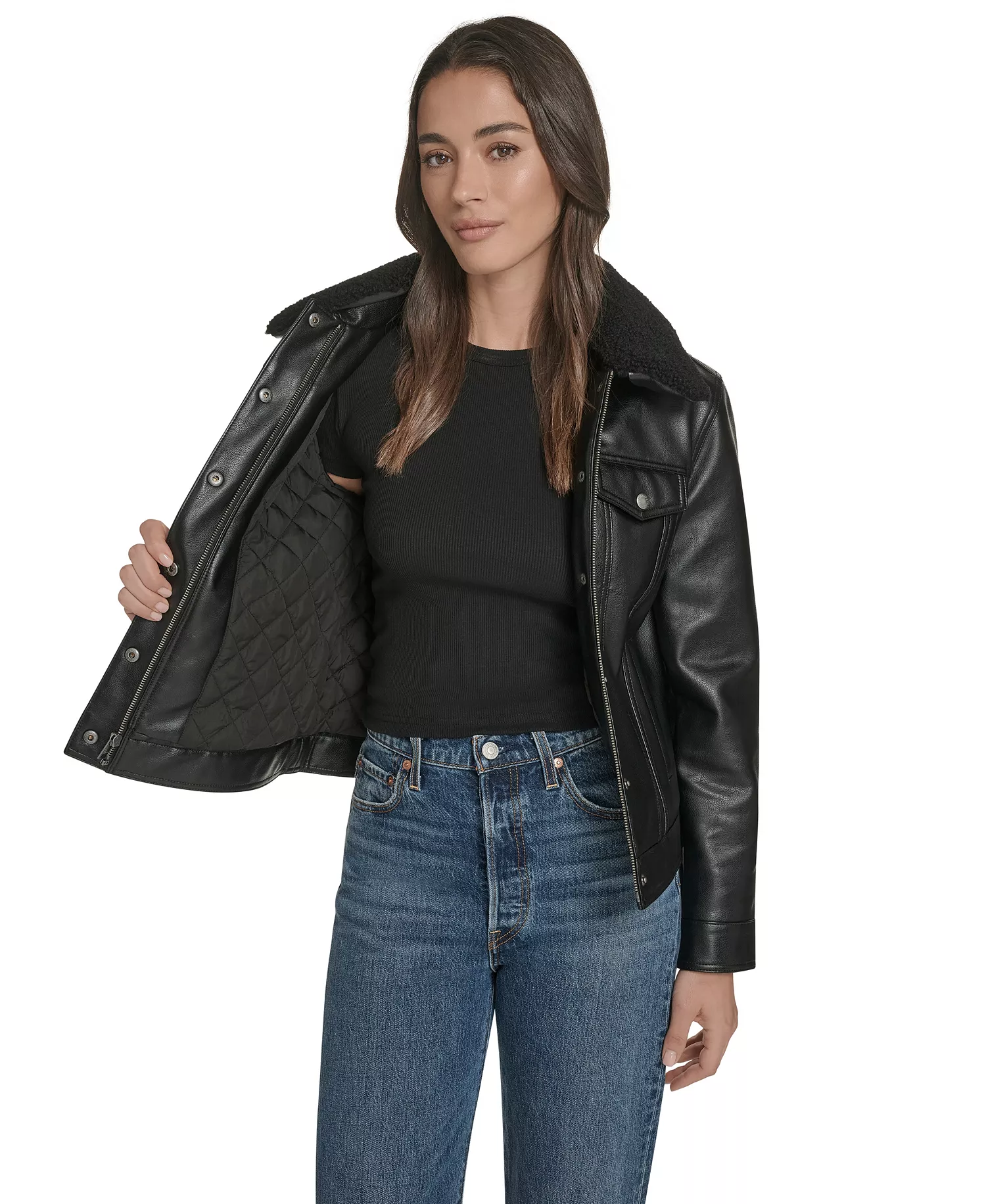 Women's Regular Faux Leather Trucker Jacket - Black - L