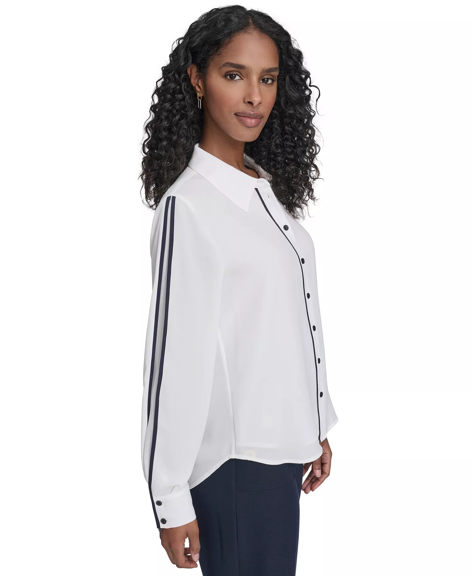 Women's Long Sleeve Contrast Trim Button-Up Blouse - Ivory - L