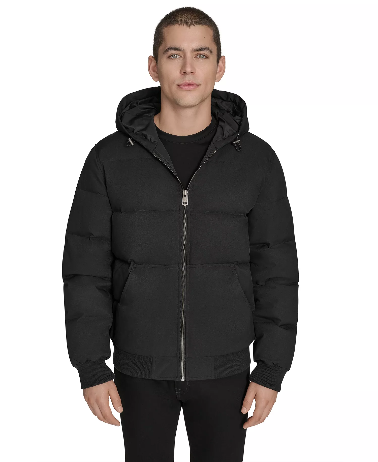 Men's Quilted Bomber with Hood Jacket - Black - 2XL