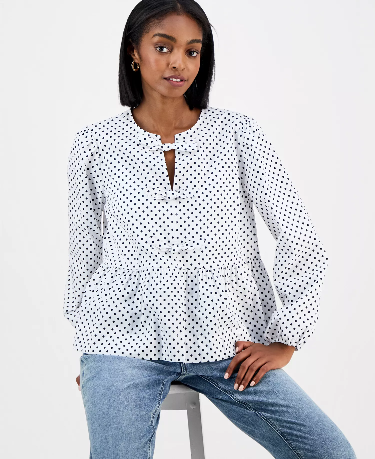 Nautica Women's Dot-Print Bow-Trim Cotton Peplum Blouse  - Bright White/ Night Sky - L