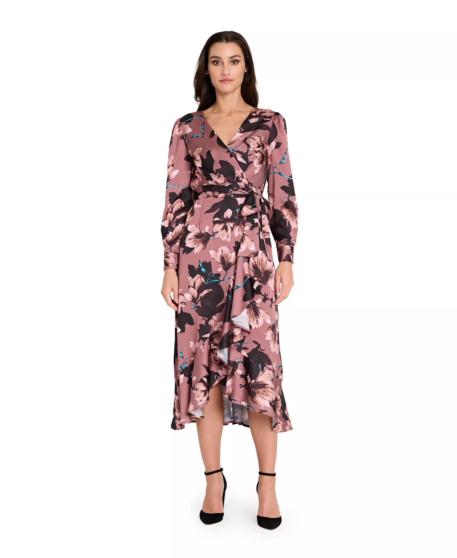 Women's V-Neck Ruffle Midi Dress - Mauve Floral - 10
