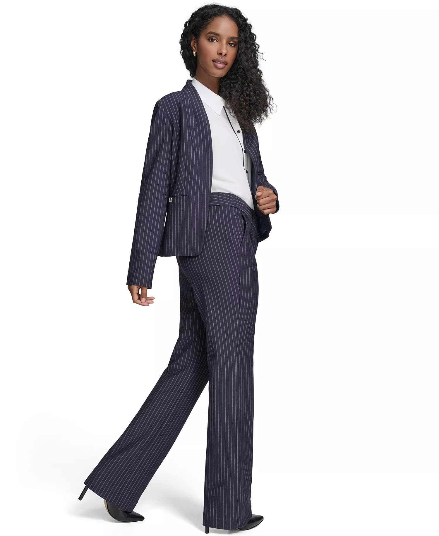 Women's Open Front Jacket, Sutton Pants and Contrast Trim Button Up Blouse - Midnight/ Khaki - 0