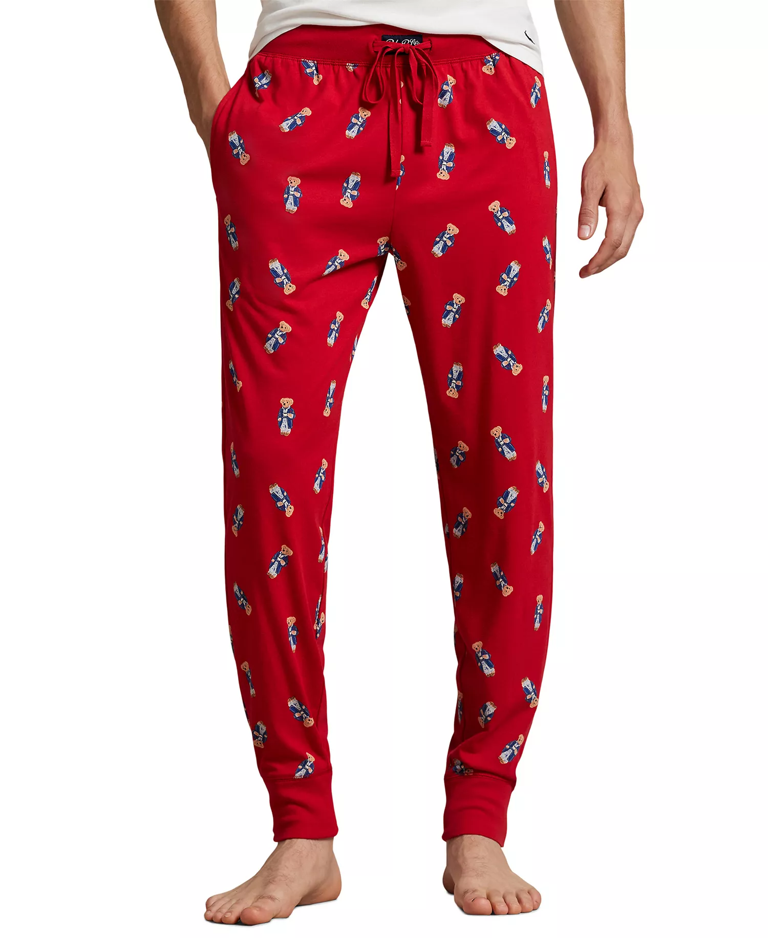 Men's Rib Waistband Knit Bear Pajama Jogger Pants - Polo red - L