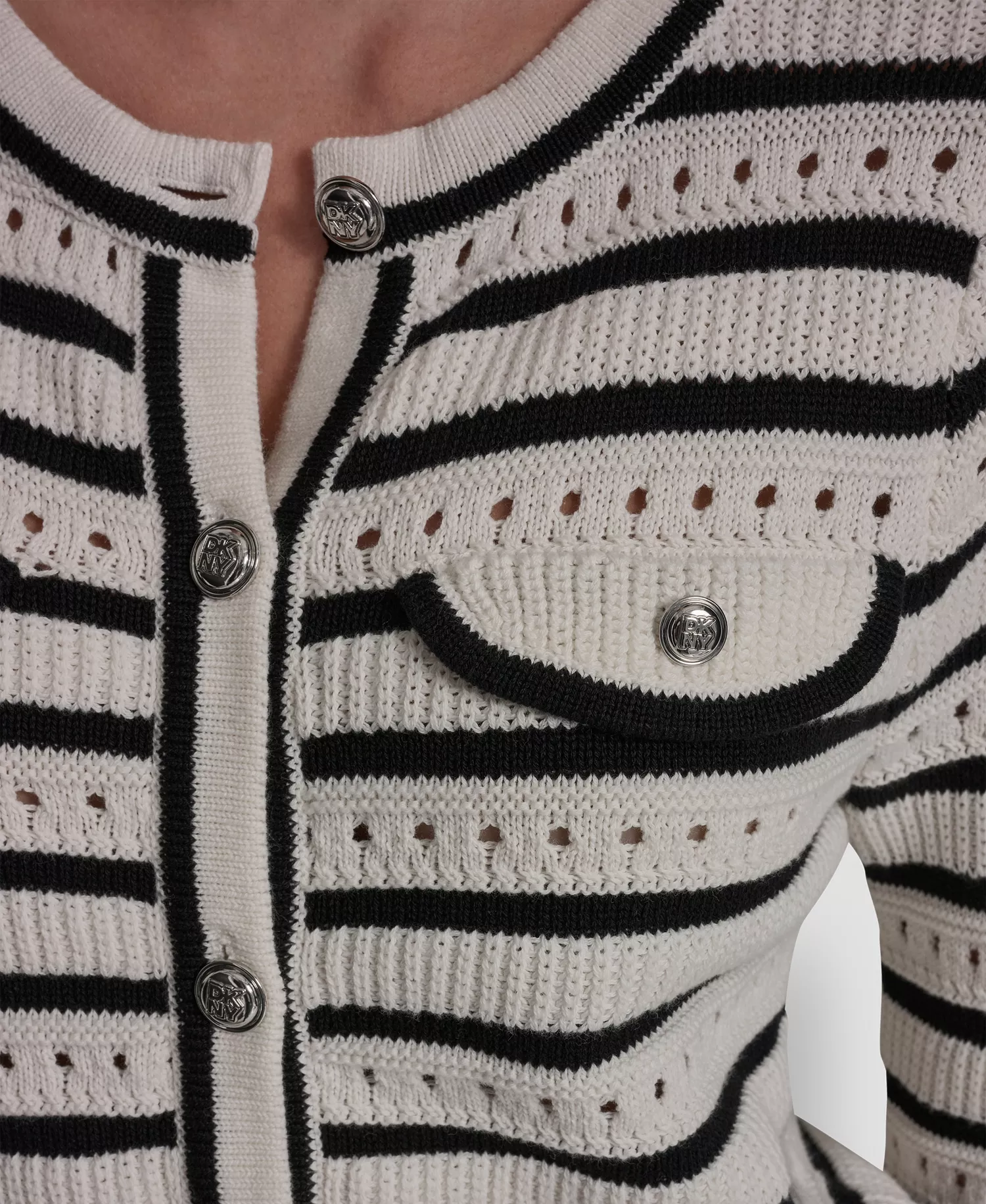 Women's Crew Neck Pointelle Sweater - Ivory/black - L