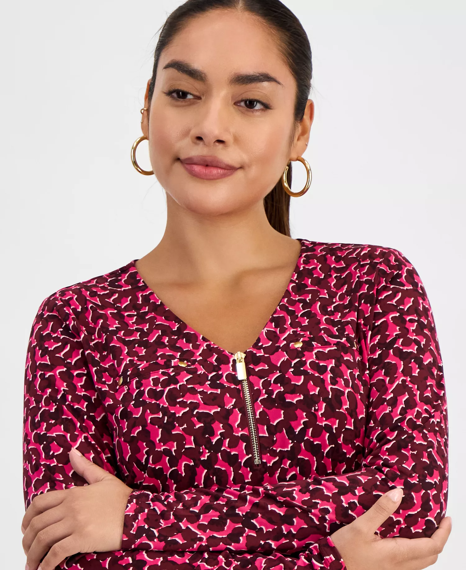 Petite Printed Zip-Front Top, Macy's Exclusive - Yannie Spots - P/XS