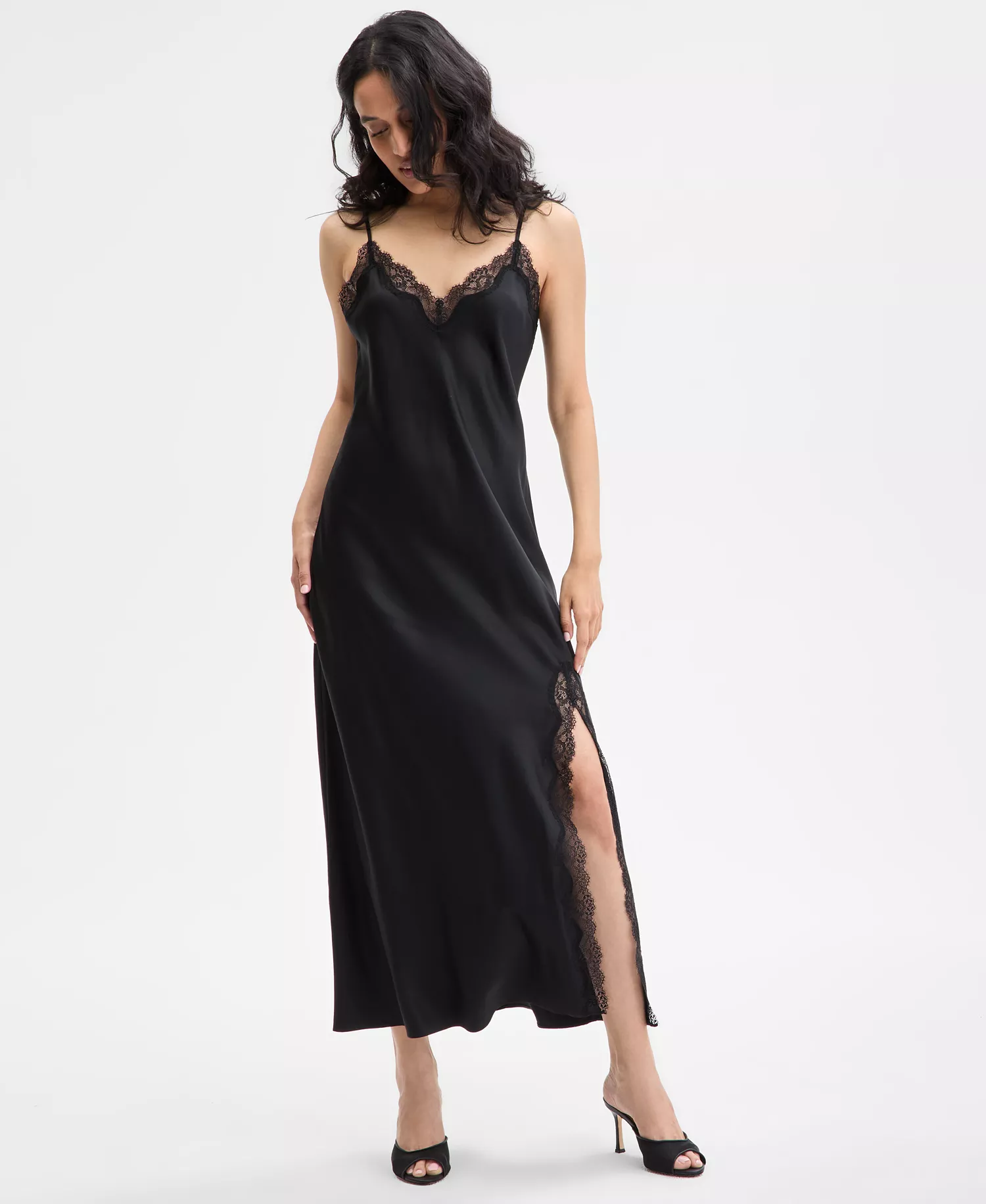 Women's Lace-Trim Satin Nightgown, Exclusively at Macy's - Deep Black - L