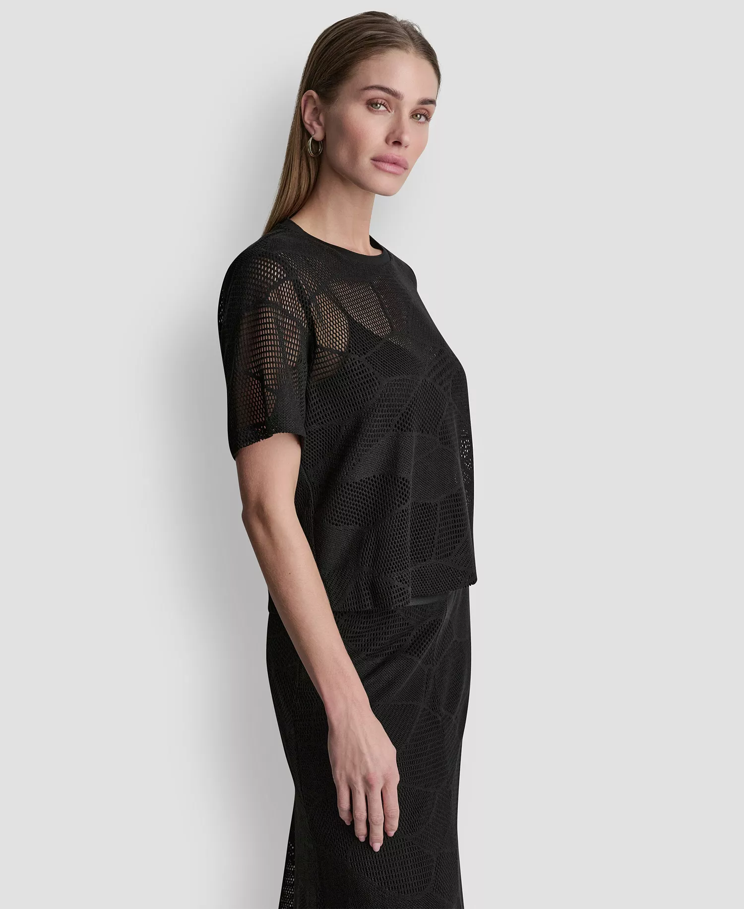 Women's Crewneck Short-Sleeve Croton Lace Top - Black - L