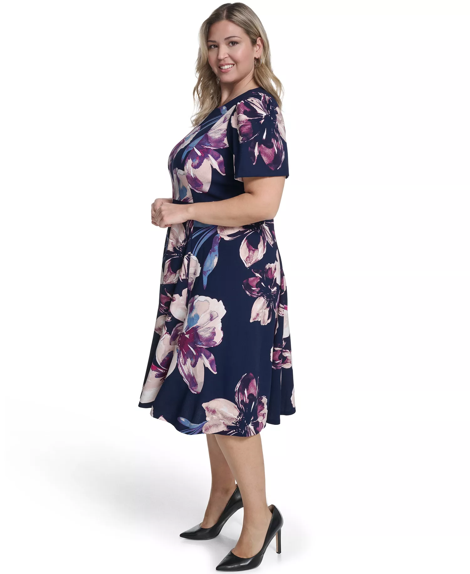 Plus Size Short-Sleeve Fit & Flare Midi Dress - Indigo Multi - 14W