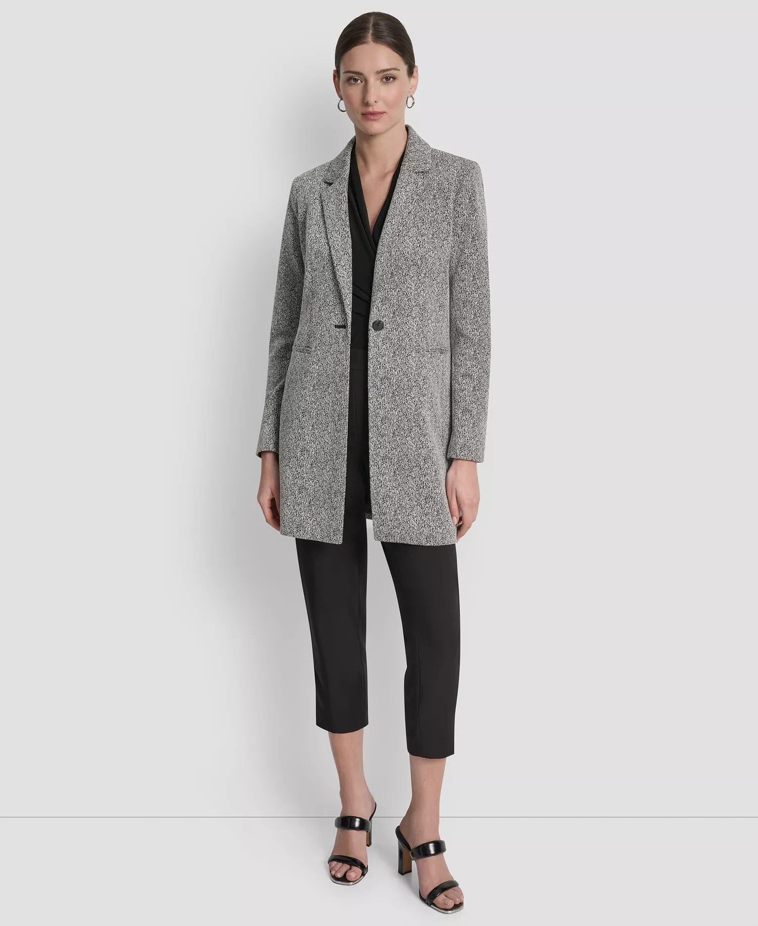Petites Notch-Lapel Single-Button Long-Sleeve Jacket - Black/White - 10P